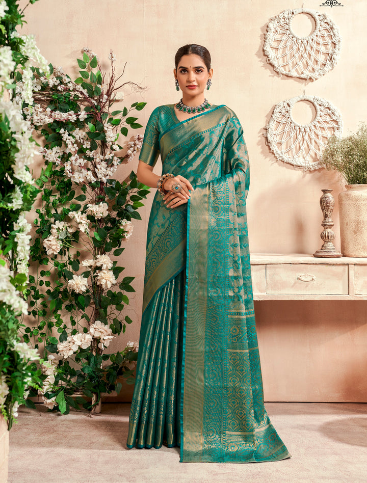 Teal Color Soft Silk Fabric With Pure Zari Weaving Saree