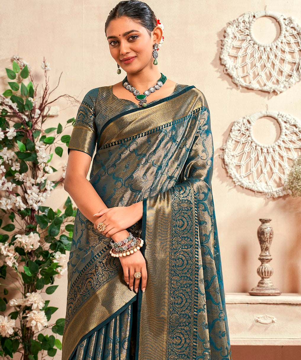 Blue Color Soft Silk Fabric With Pure Zari Weaving Saree