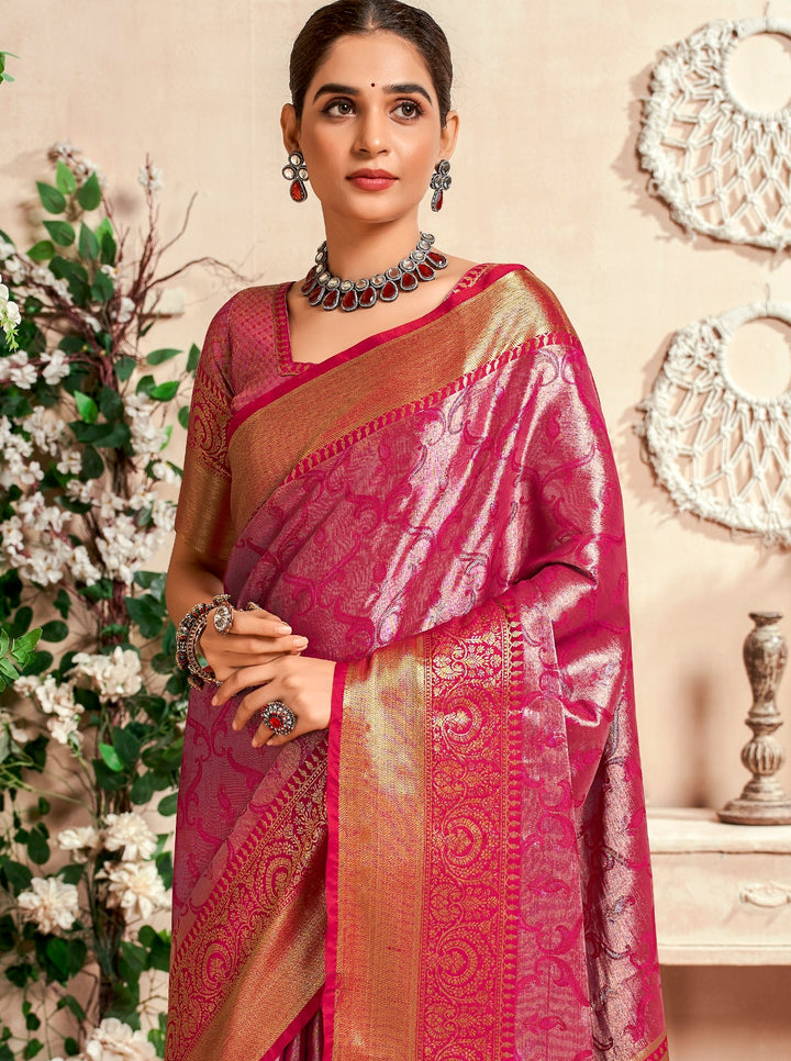 Pink Color Soft Silk Fabric With Pure Zari Weaving Saree