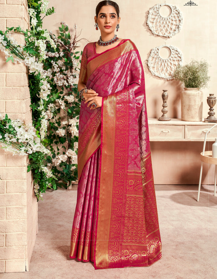 Pink Color Soft Silk Fabric With Pure Zari Weaving Saree