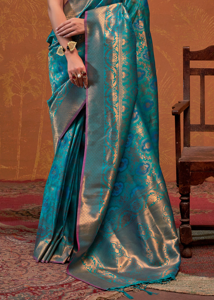 Beautiful handloom woven silk saree in shades of blue, perfect for a designer look