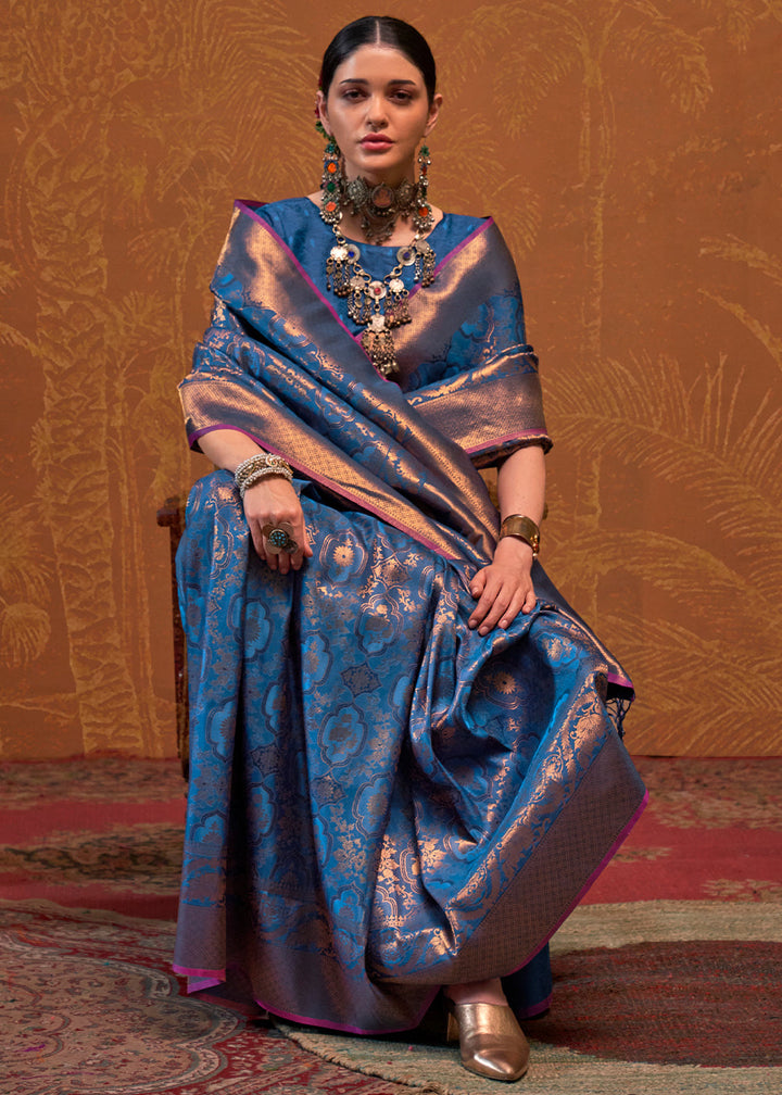  Elegant Cobalt Blue Silk Saree with Handwoven Design and Rich Gold Zari Detailing