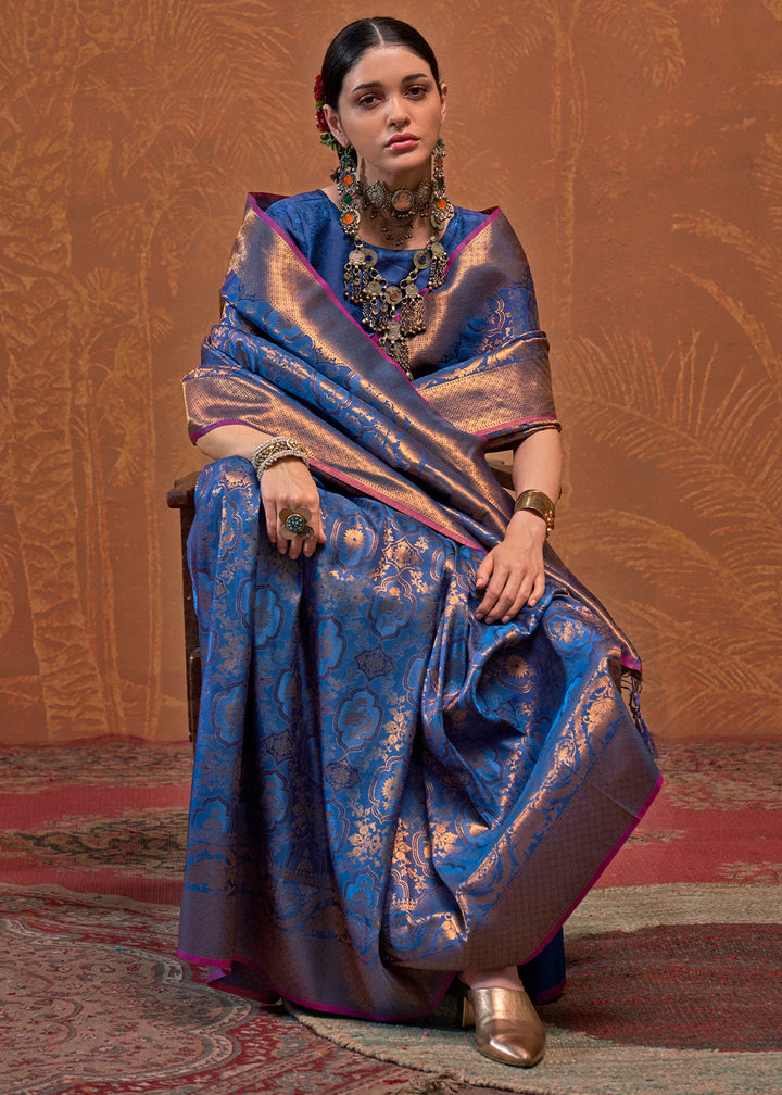  Exquisite Cobalt Blue Handloom Woven Silk Saree with Traditional Floral Patterns