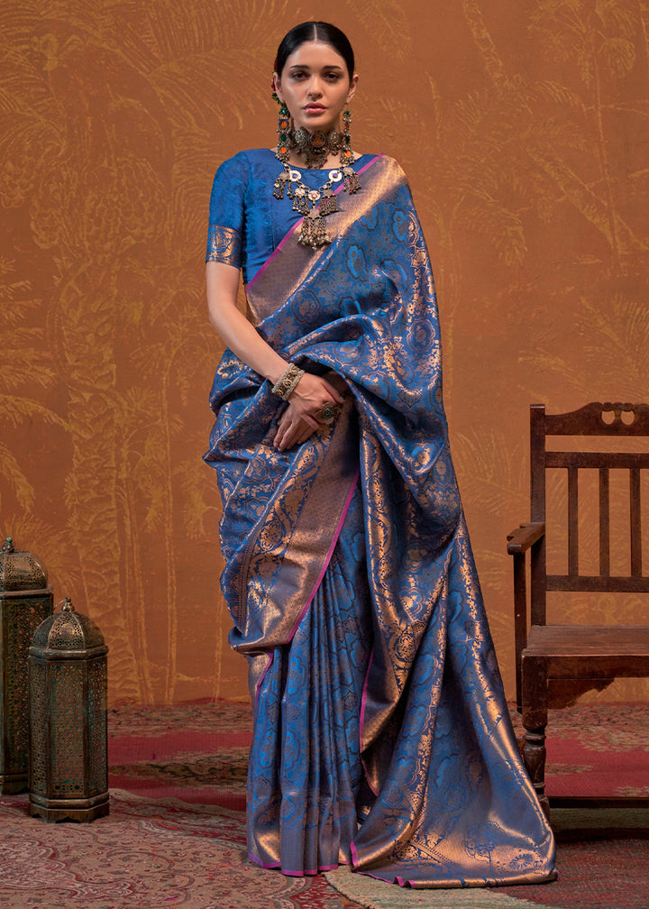 Cobalt Blue Handloom Woven Designer Silk Saree with Intricate Floral Motifs and Gold Zari Border