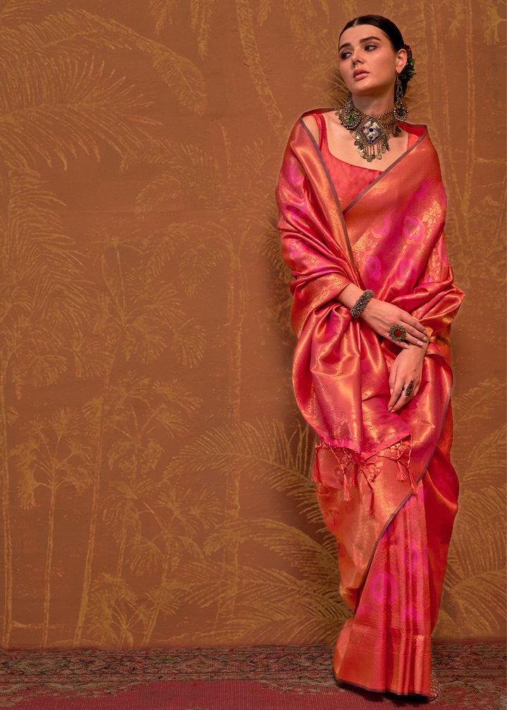 Pink & Golden Handloom Woven Designer Silk Saree