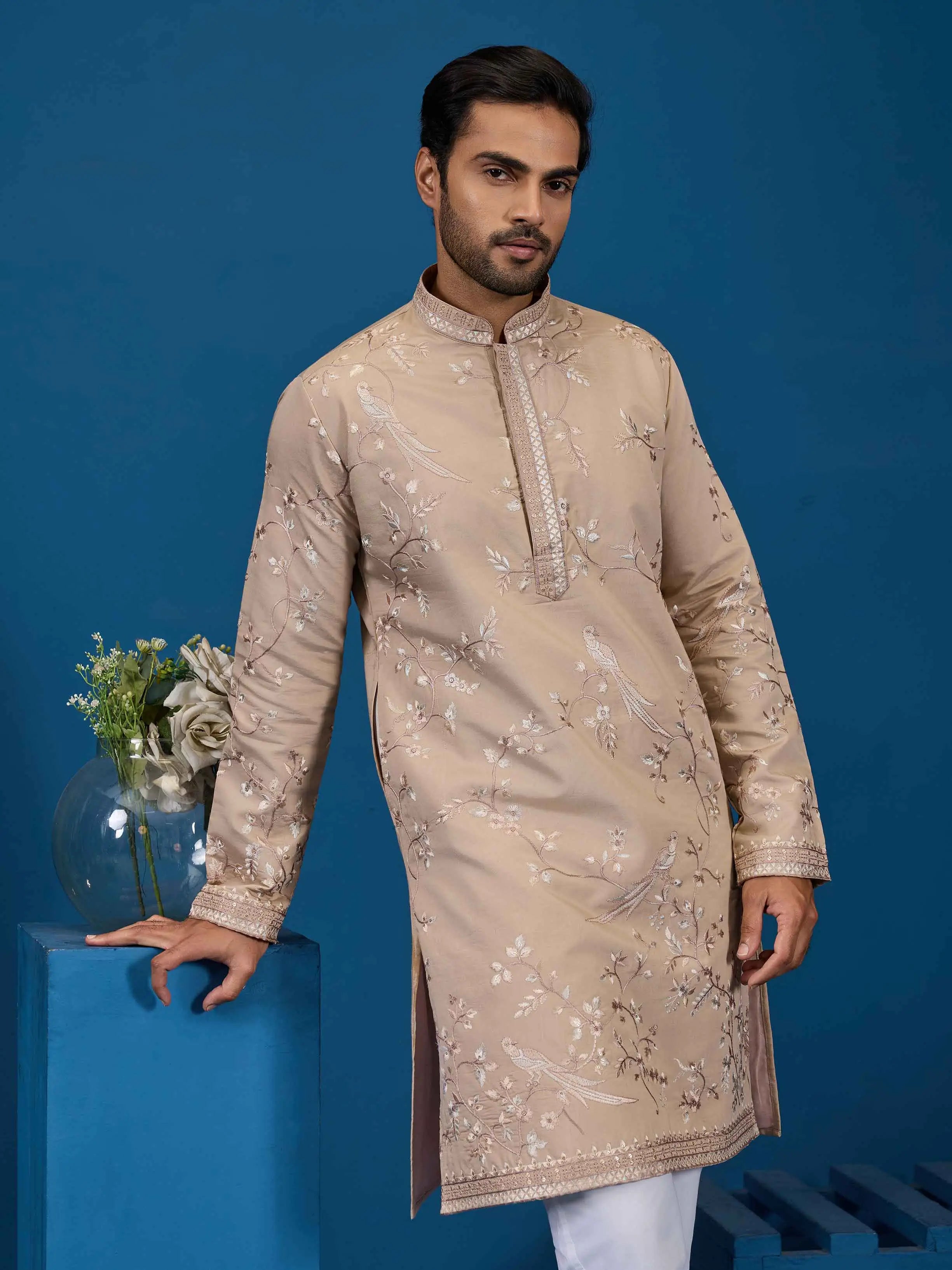 Beige Kurta Set With Embroidery Work