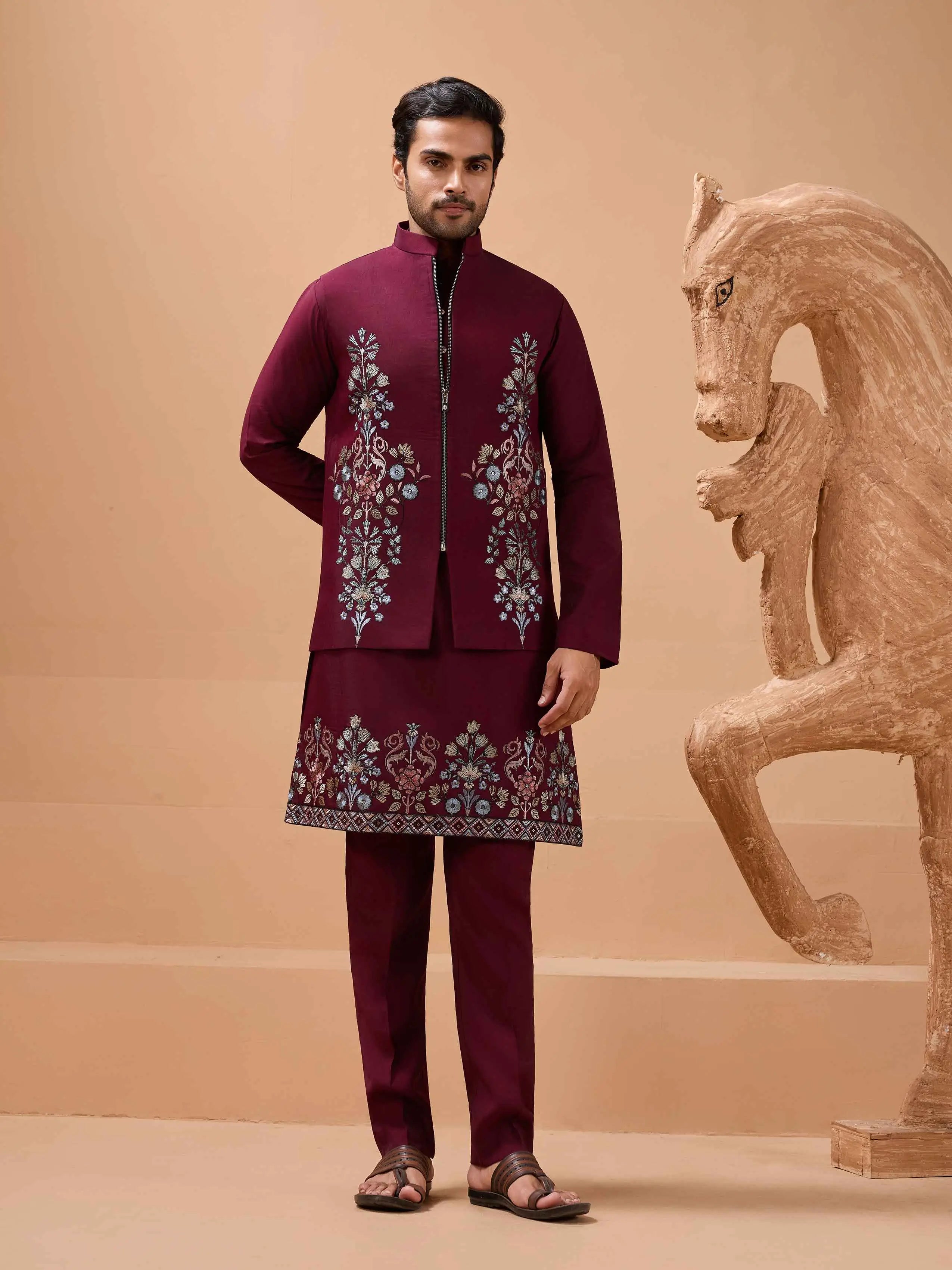 Stylish Maroon Kurta Set With Sequins Embroidery Jacket - qivii