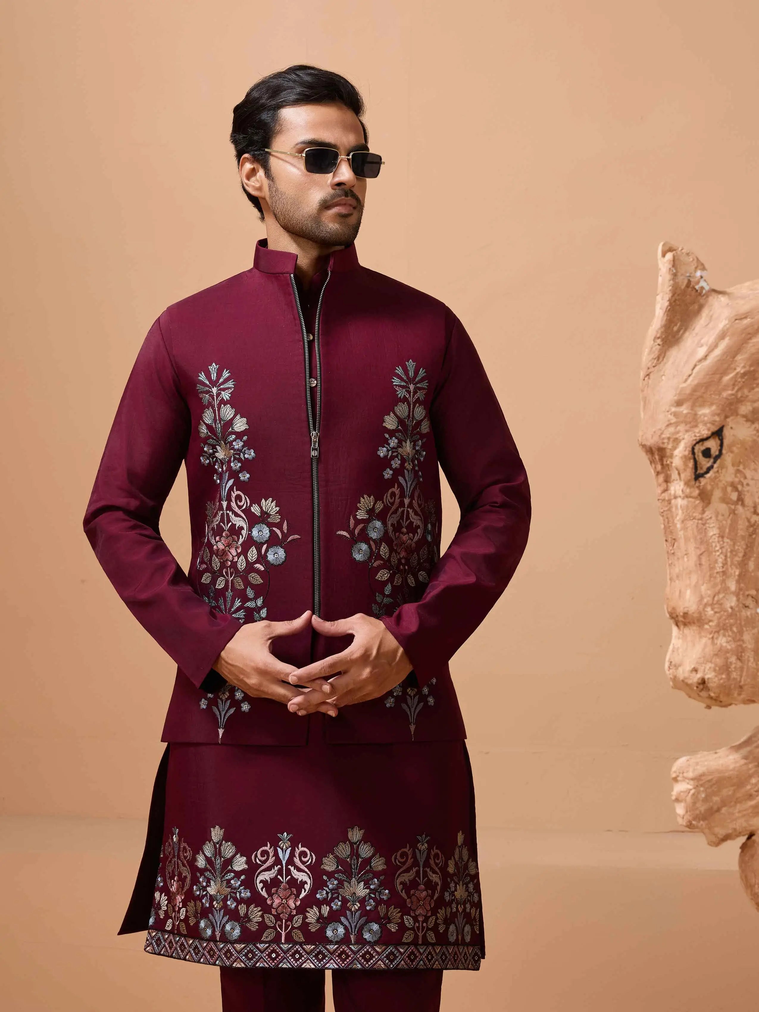 Stylish Maroon Kurta Set With Sequins Embroidery Jacket - qivii