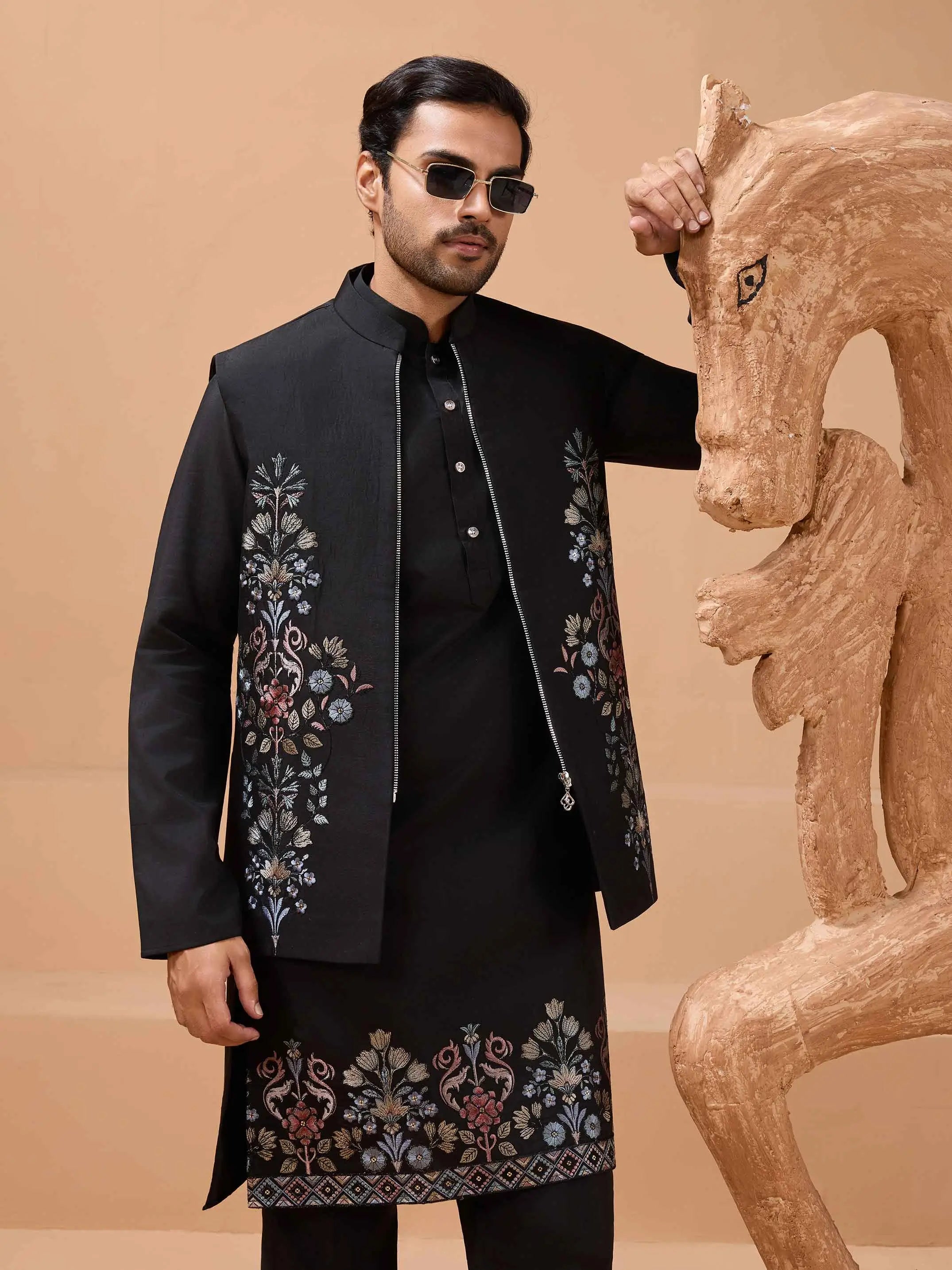 Stylish Black Kurta Set With Sequins Embroidery Jacket - qivii