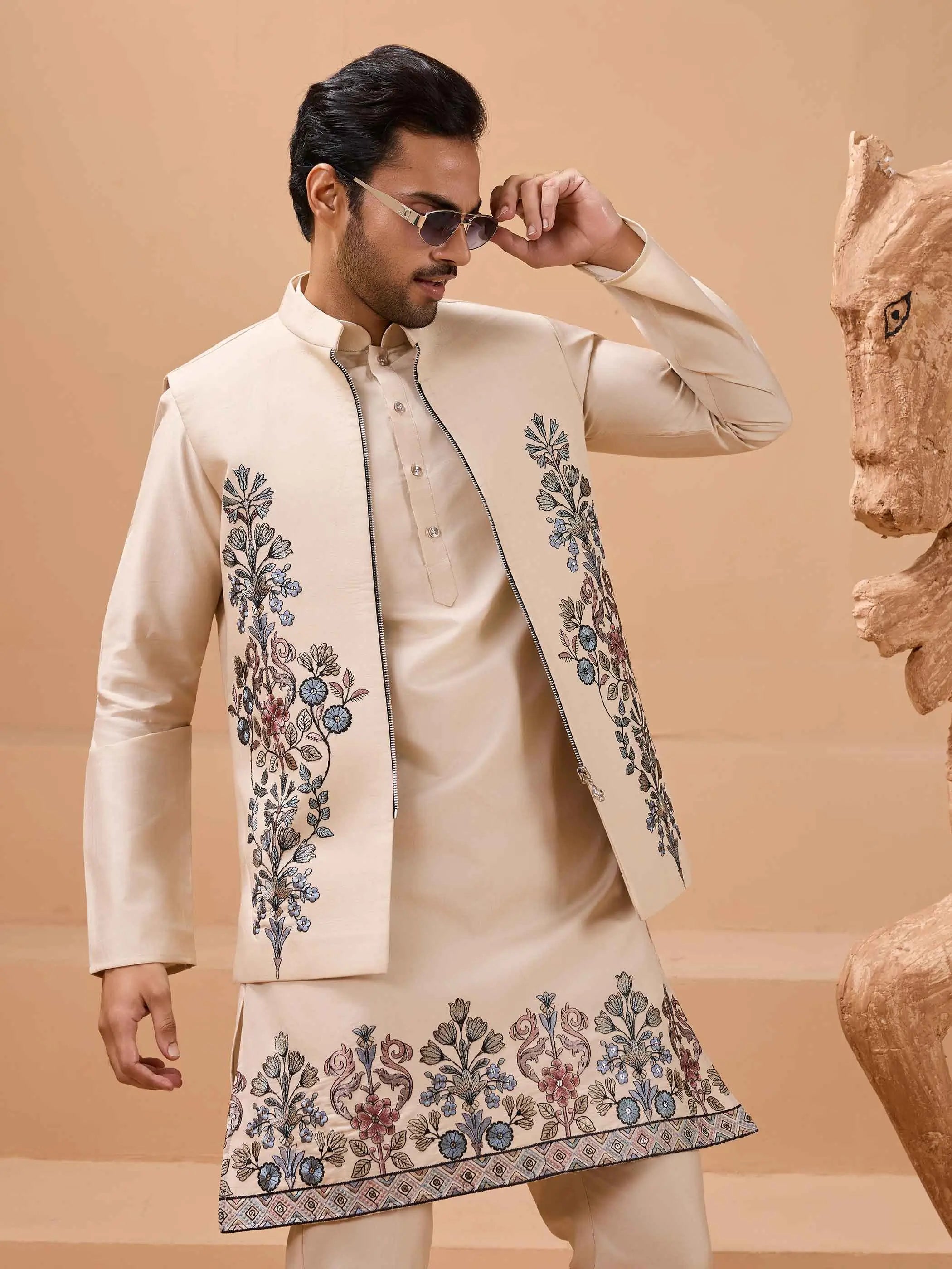 Elegant Beige Embroidery Sequins Kurta Set With Jacket - qivii