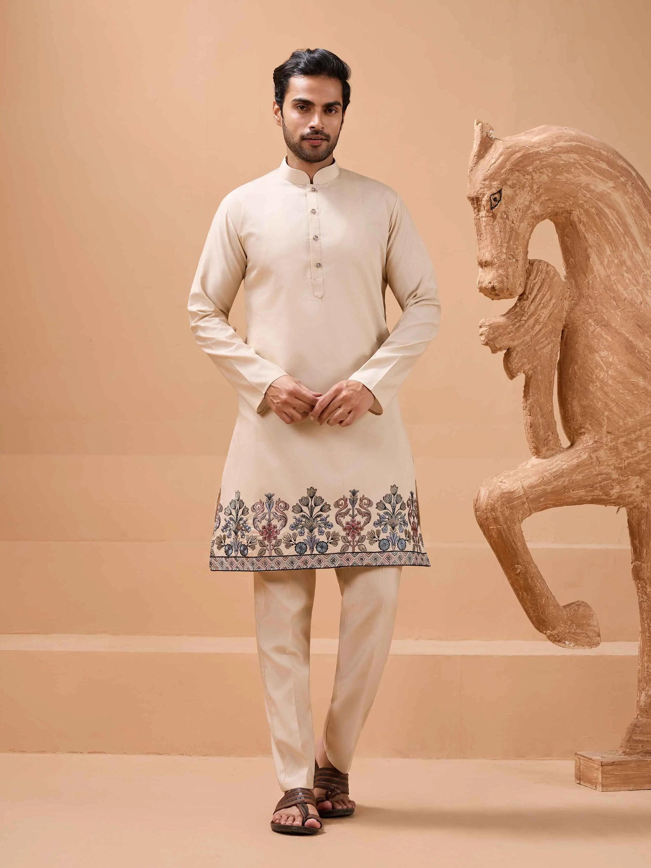 Elegant Beige Embroidery Sequins Kurta Set With Jacket - qivii