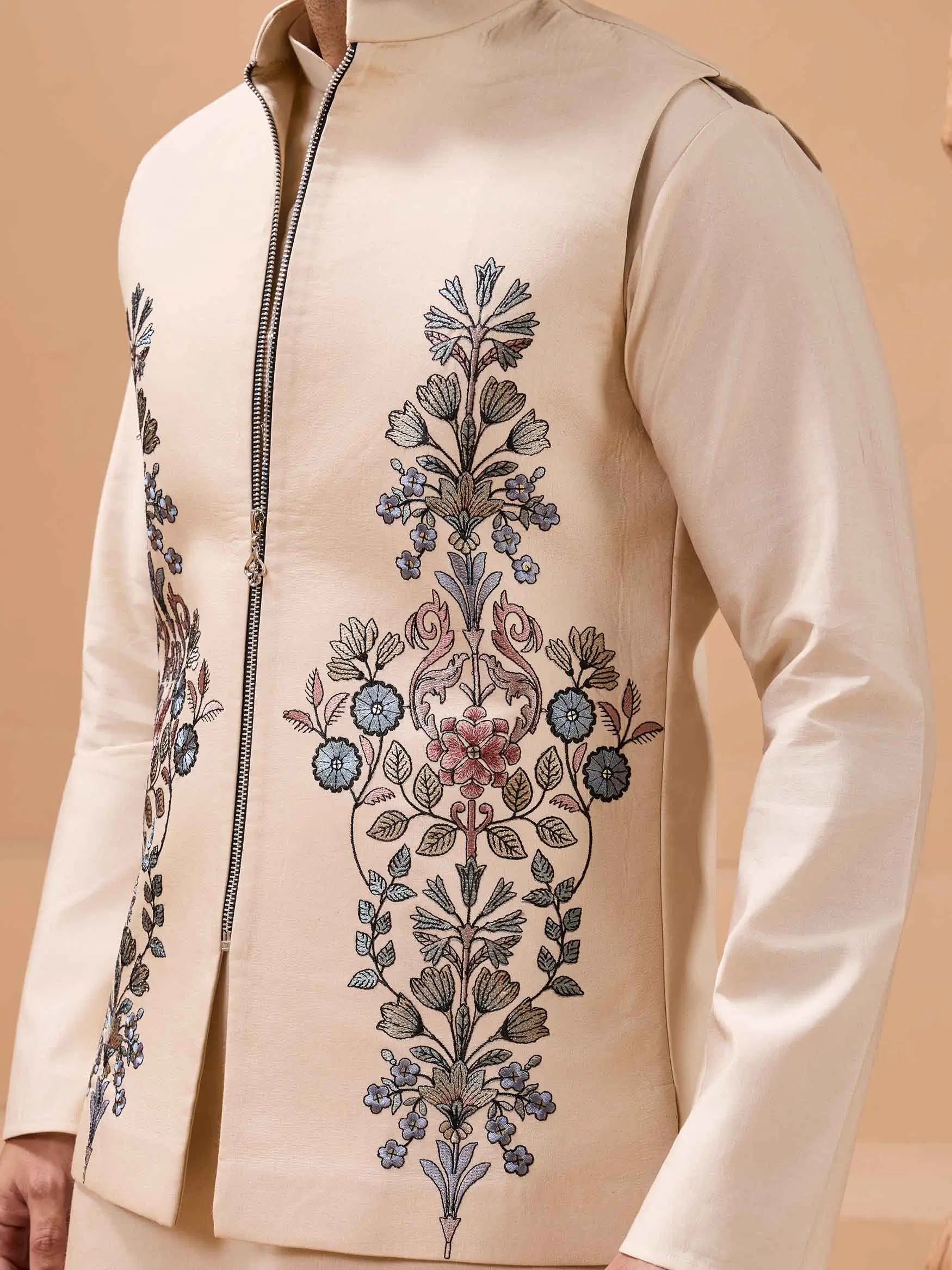 Elegant Beige Embroidery Sequins Kurta Set With Jacket - qivii