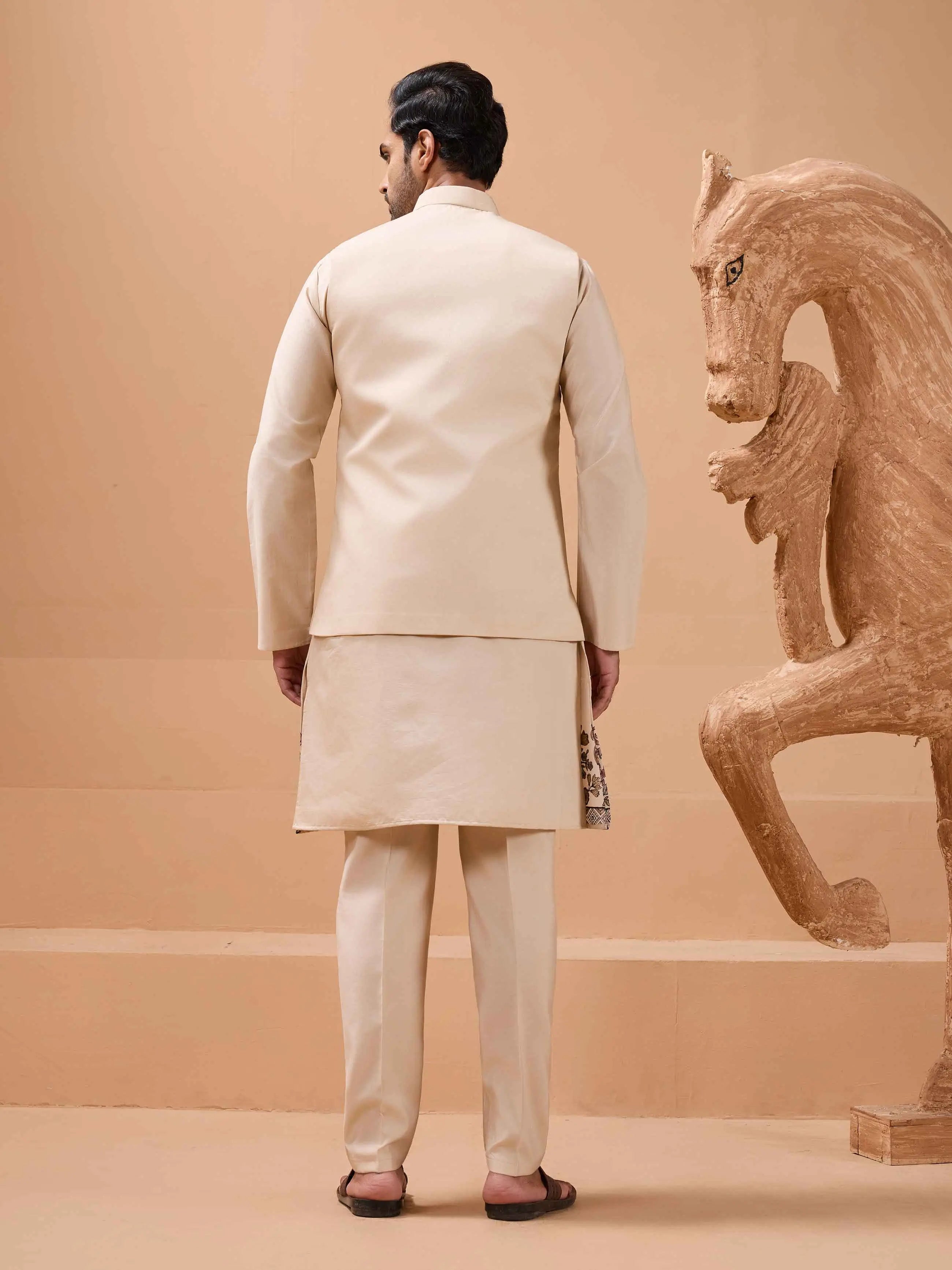 Elegant Beige Embroidery Sequins Kurta Set With Jacket - qivii