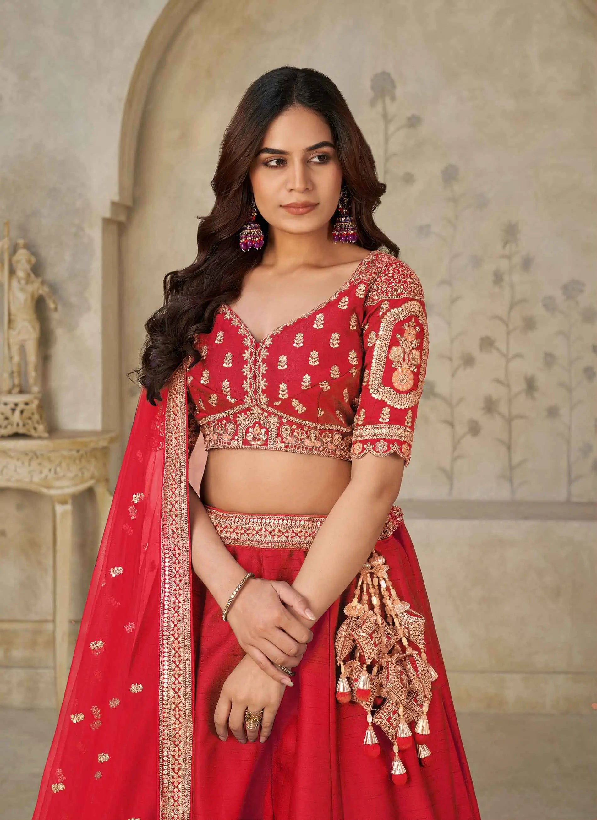 Red Bridal Lehenga Ensemble with Elephant Motifs - qivii
