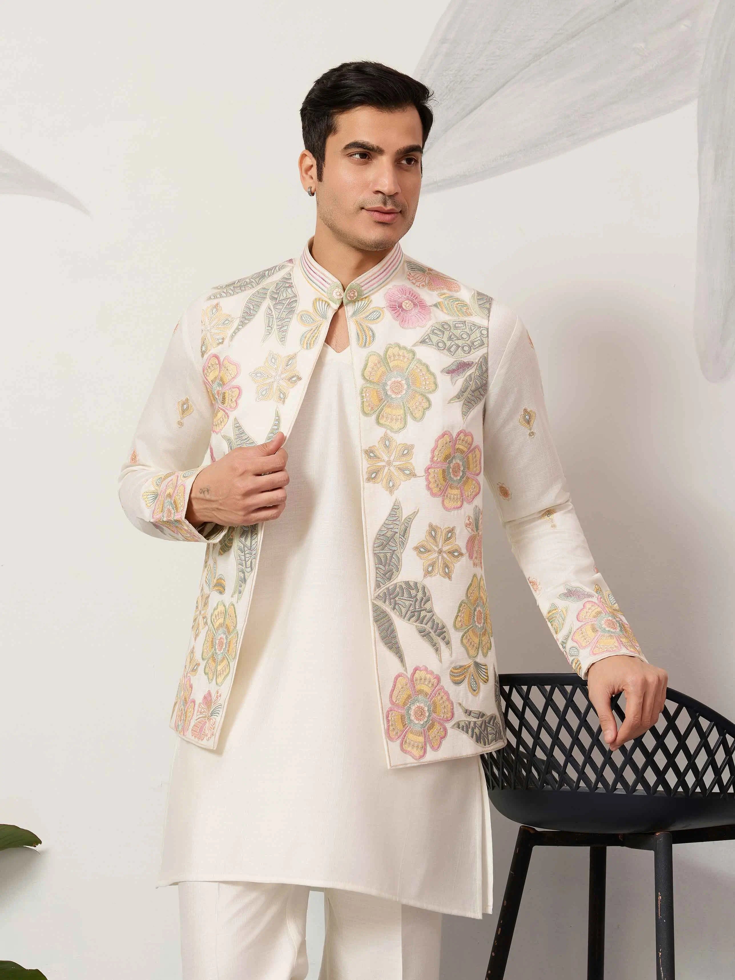 Beige Kurta Set With Embroidered Jacket