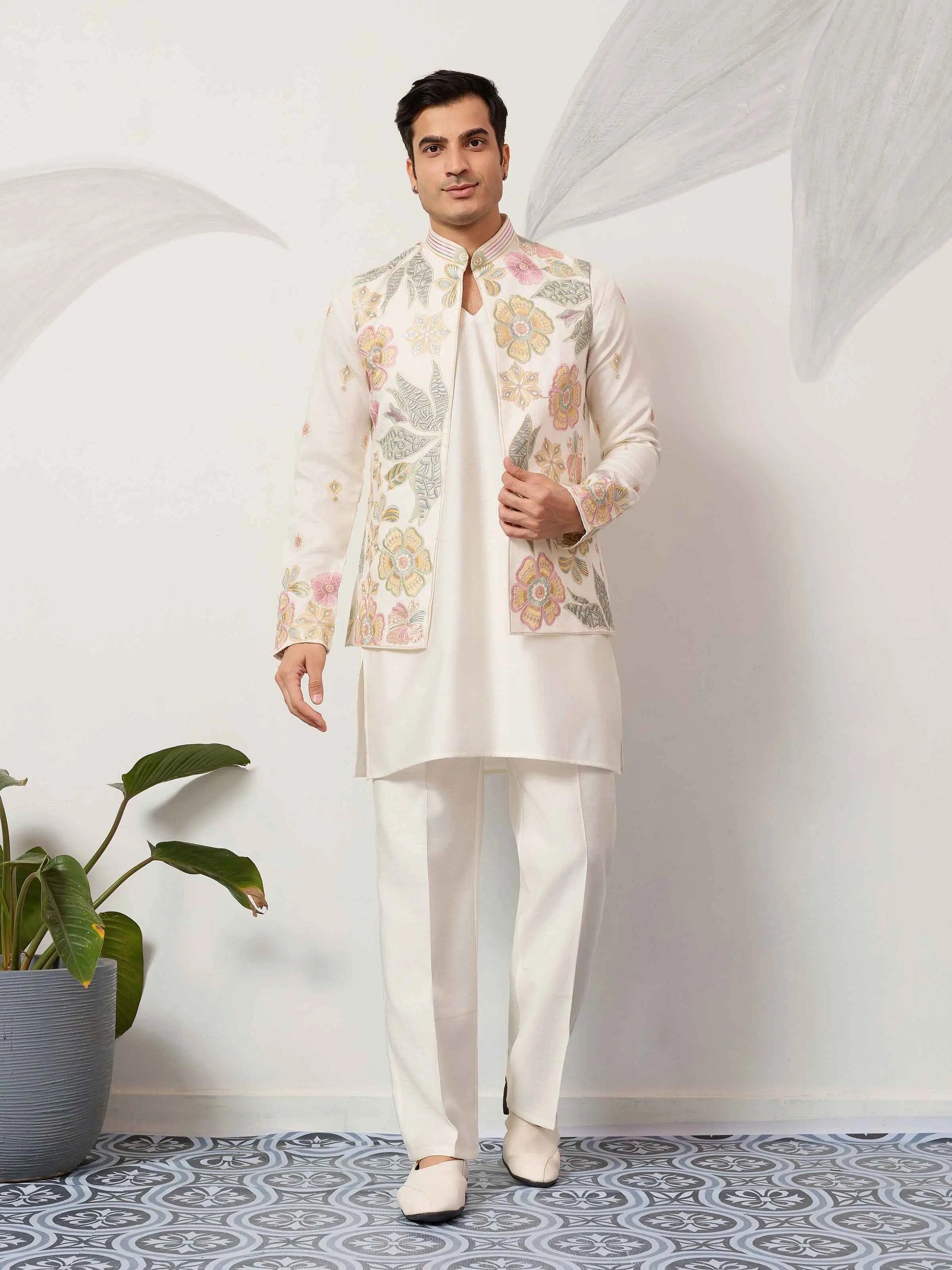 Beige Kurta Set With Embroidered Jacket