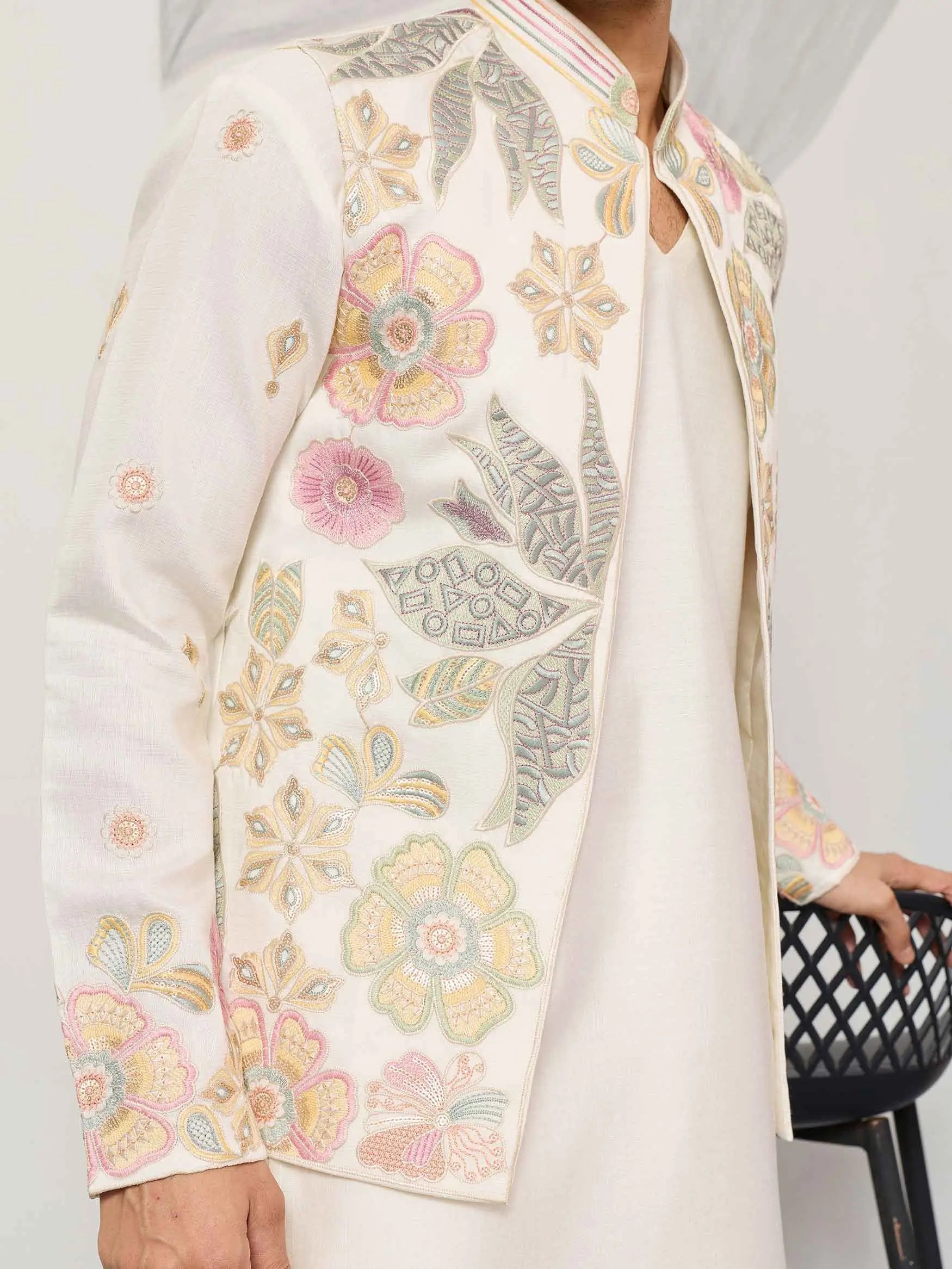 Beige Kurta Set With Embroidered Jacket