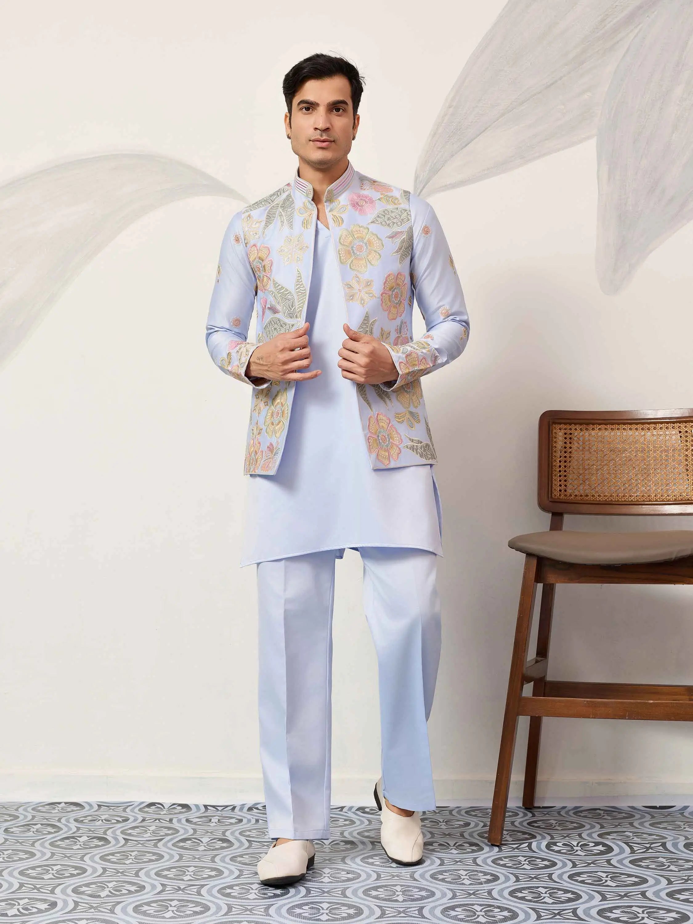Sky Kurta Set With Embroidered Jacket