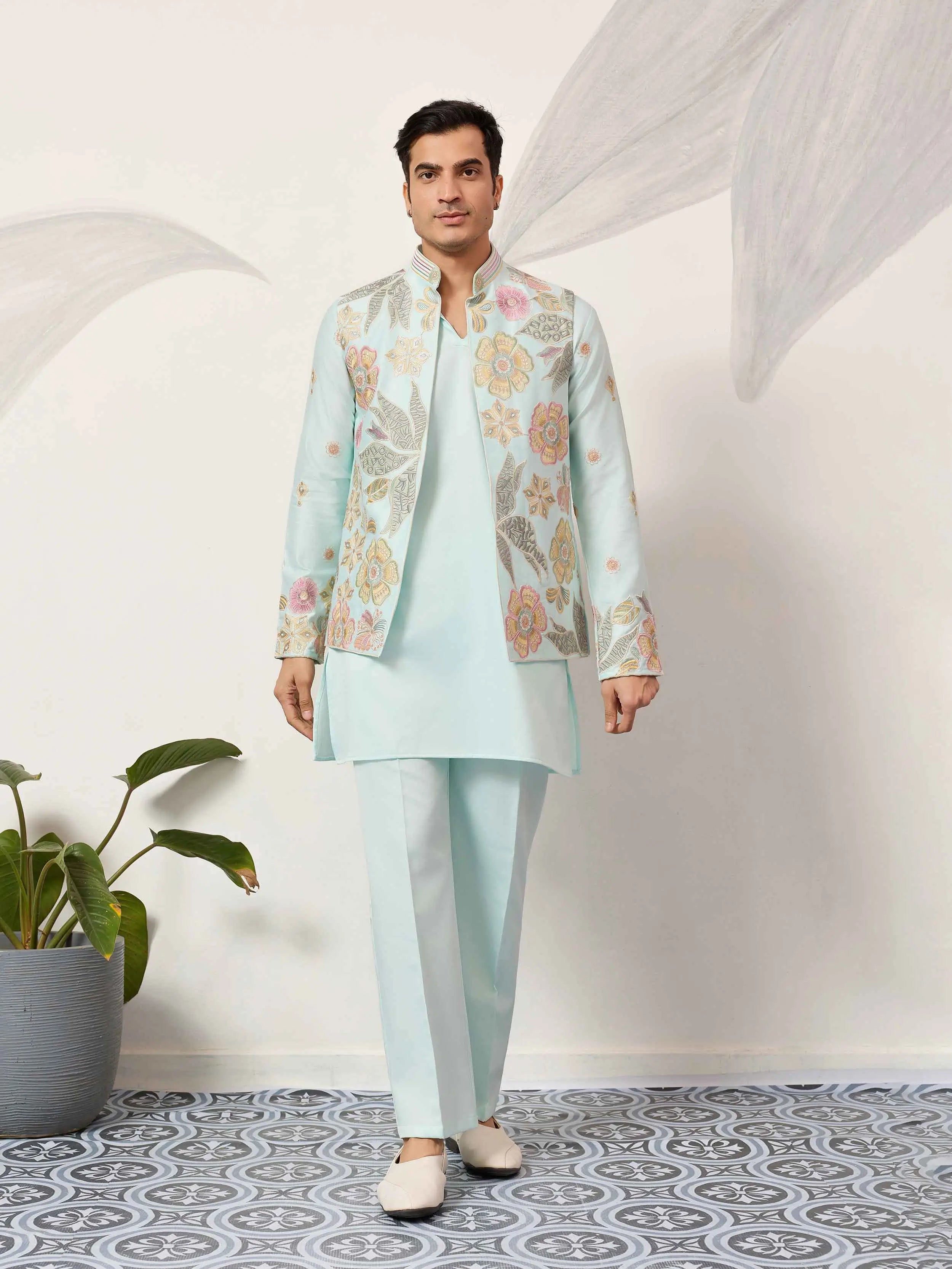 Pista Kurta Set With Embroidered Jacket