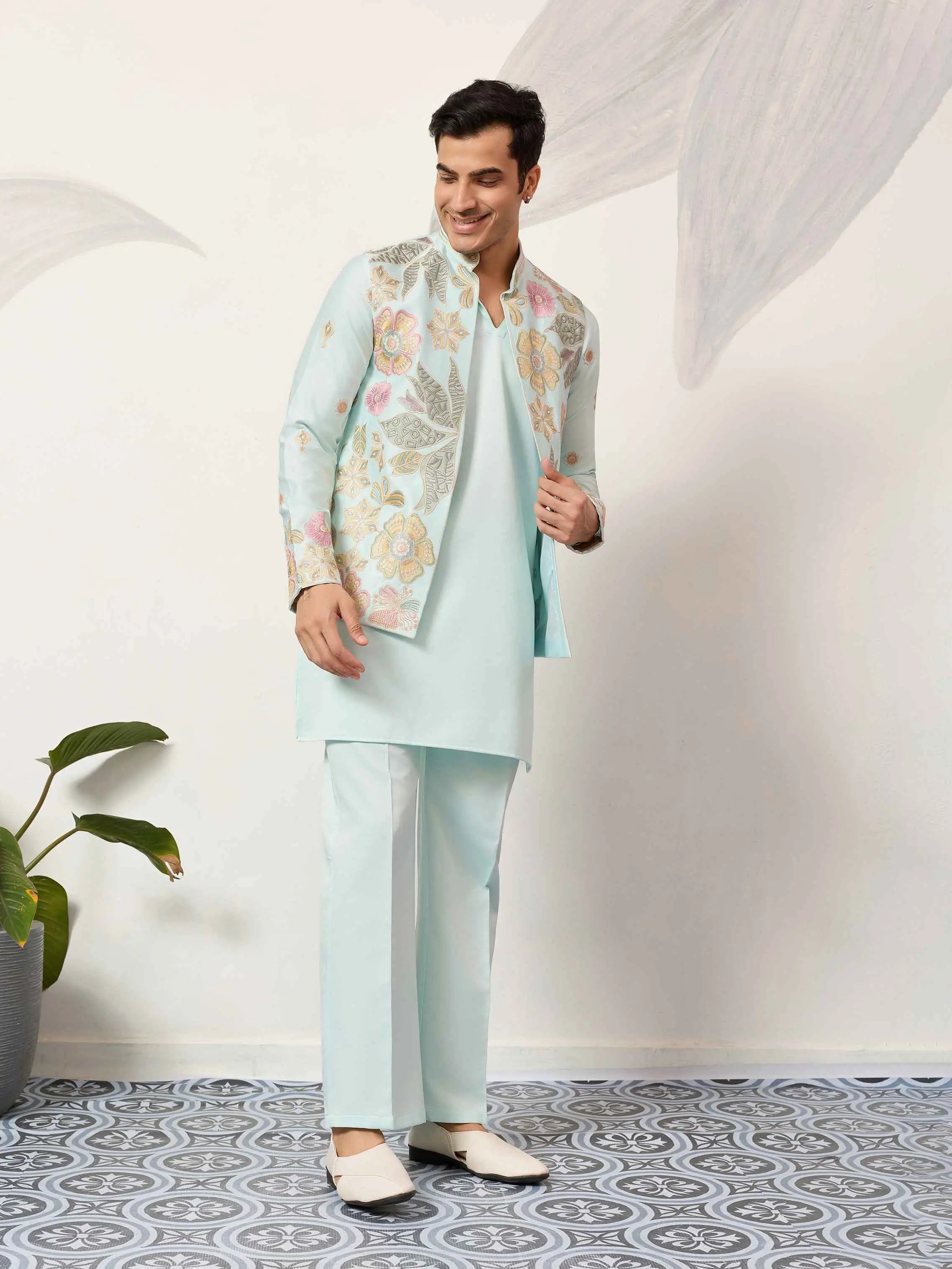 Pista Kurta Set With Embroidered Jacket