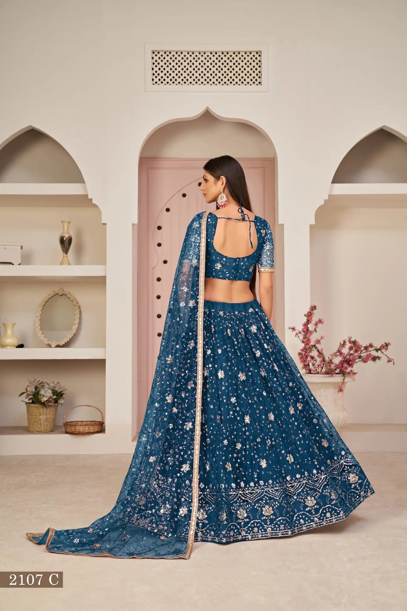 Teal Net Lehenga Choli With White Cotton Thread Work, Zari Work & Sequence Work - qivii