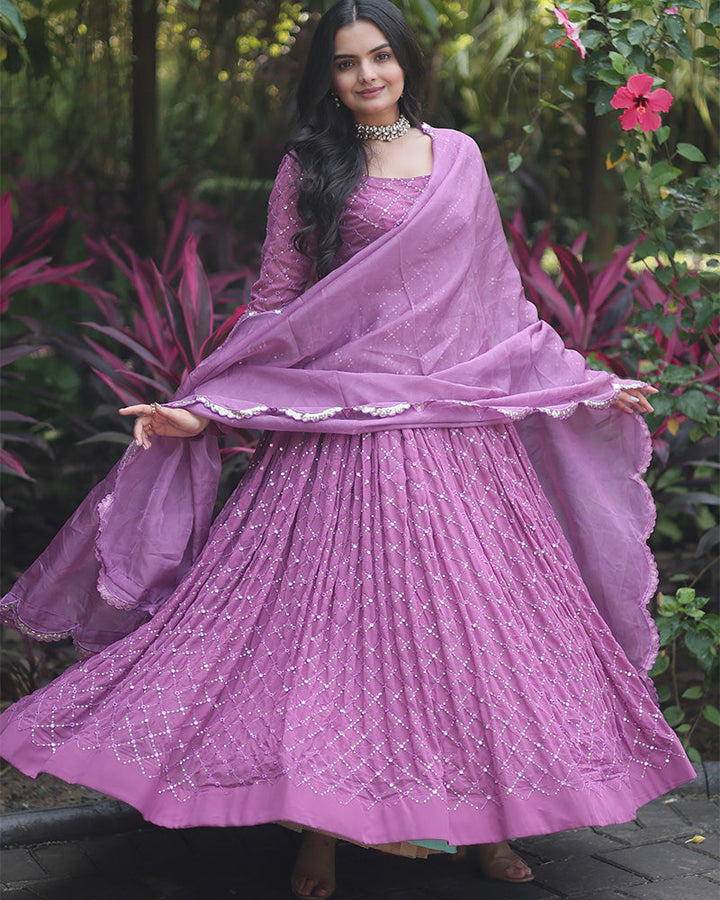 Lavender Color Designer Anarkali Gown With Dupatta By Qivii 