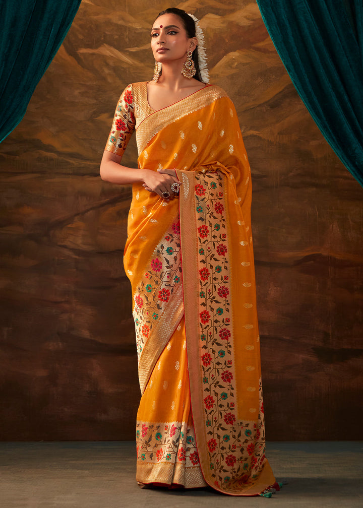 Carrot Orange Paithani Banarasi Silk Saree having Resham Woven Floral Motifs