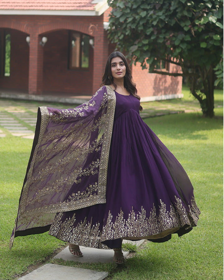 Wine Color Designer Fully Stitched Anarkali Gown  - By Qivii