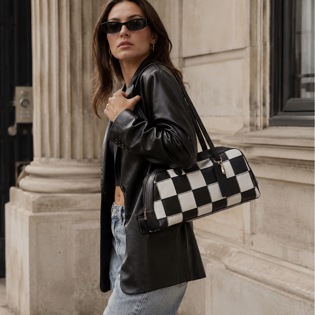 Ounamei Checkered Vegan Leather Shoulder Bag for Women – Large Capacity Everyday Tote Purse