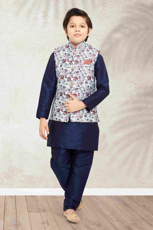 Boy's Sky Blue Banarasi Silk Digital Printed Jacket Set