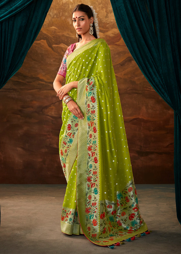 Beautiful Green Paithani Banarasi Silk Saree having Resham Woven Floral Motifs