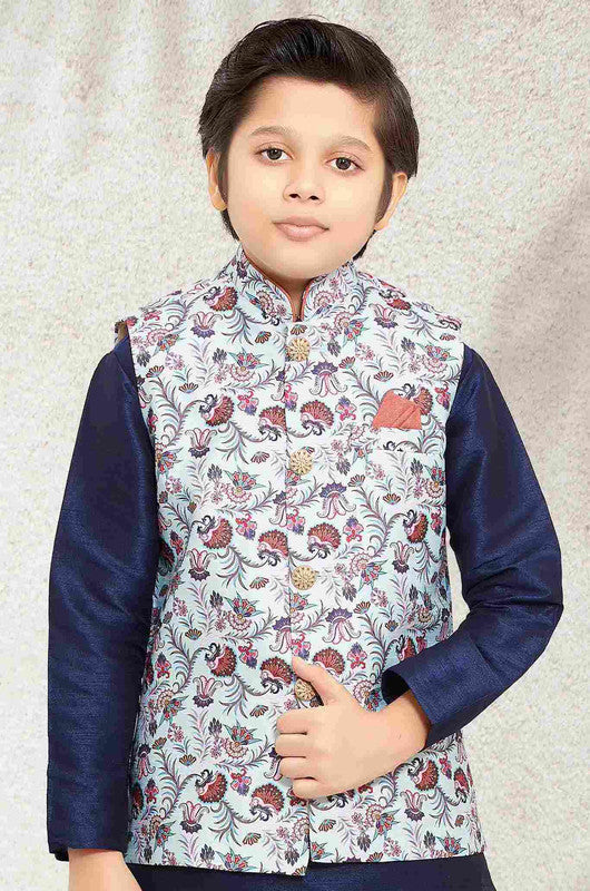 Boy's Sky Blue Banarasi Silk Digital Printed Jacket Set