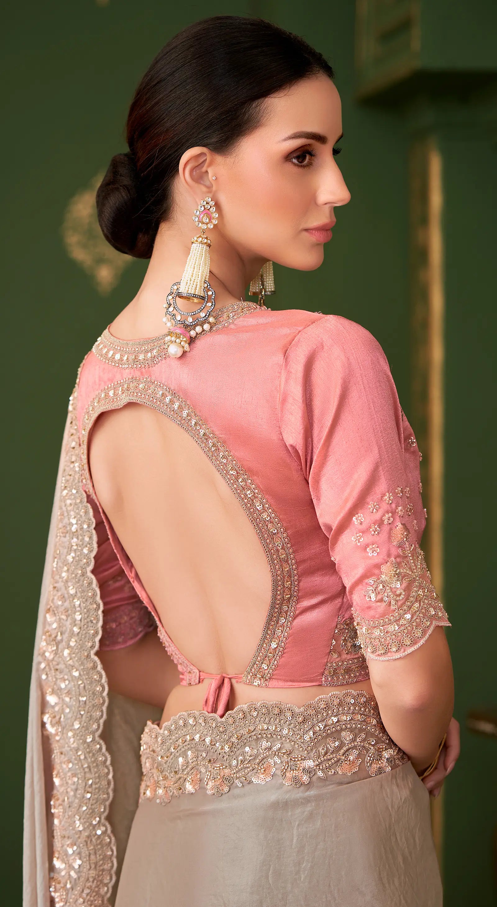 Champagne Satin georgette Heavy Embroidery Saree