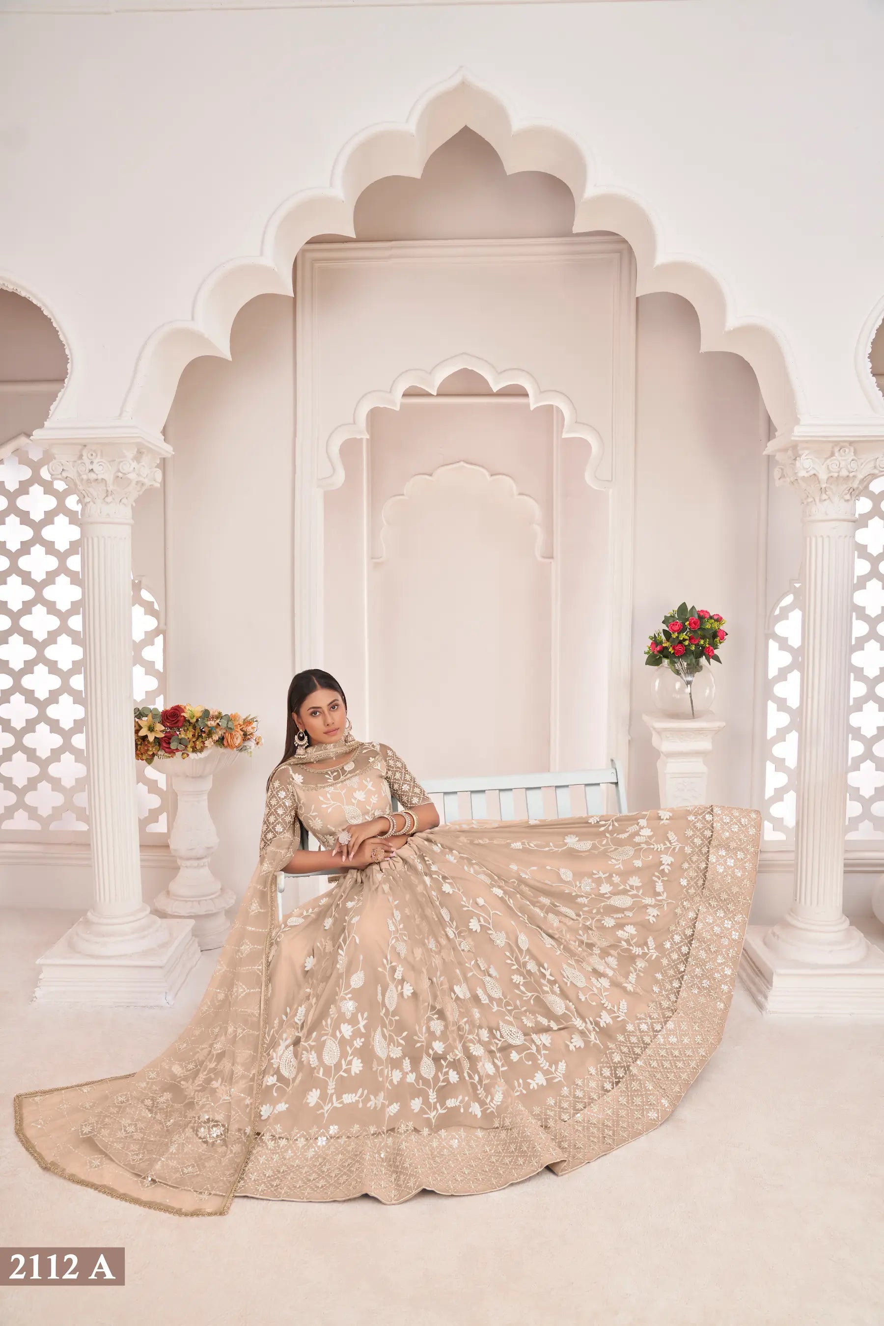 Beige Net Lehenga Choli With White Cotton Thread Work, Zari Work & Sequence Work - qivii