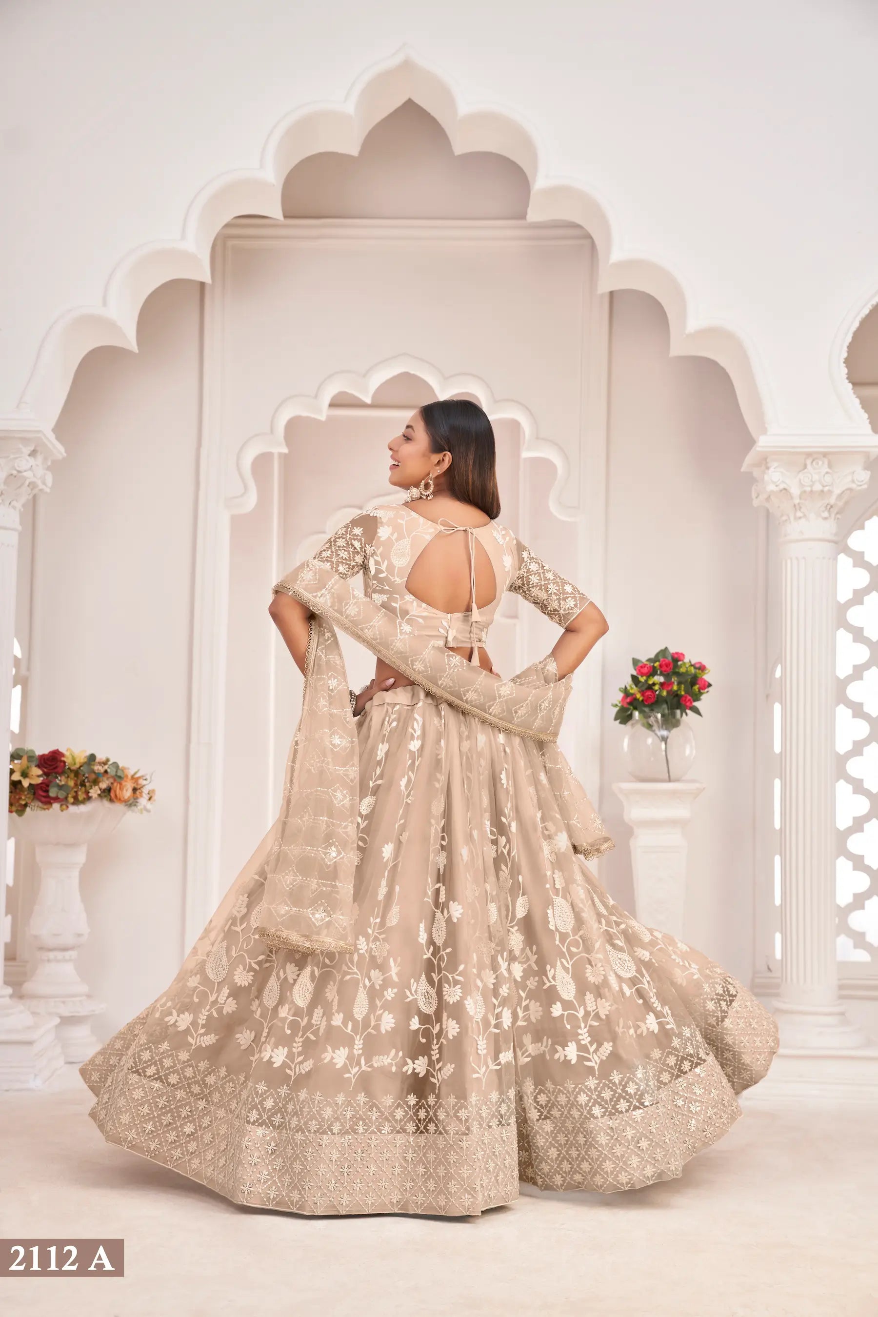 Beige Net Lehenga Choli With White Cotton Thread Work, Zari Work & Sequence Work - qivii