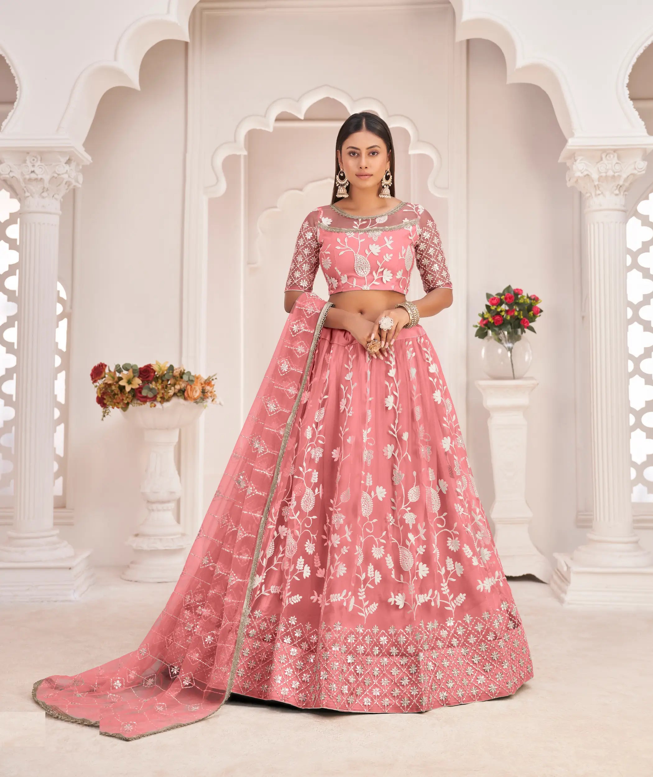 Rose Pink Net Lehenga Choli With White Cotton Thread Work, Zari Work & Sequence Work - qivii