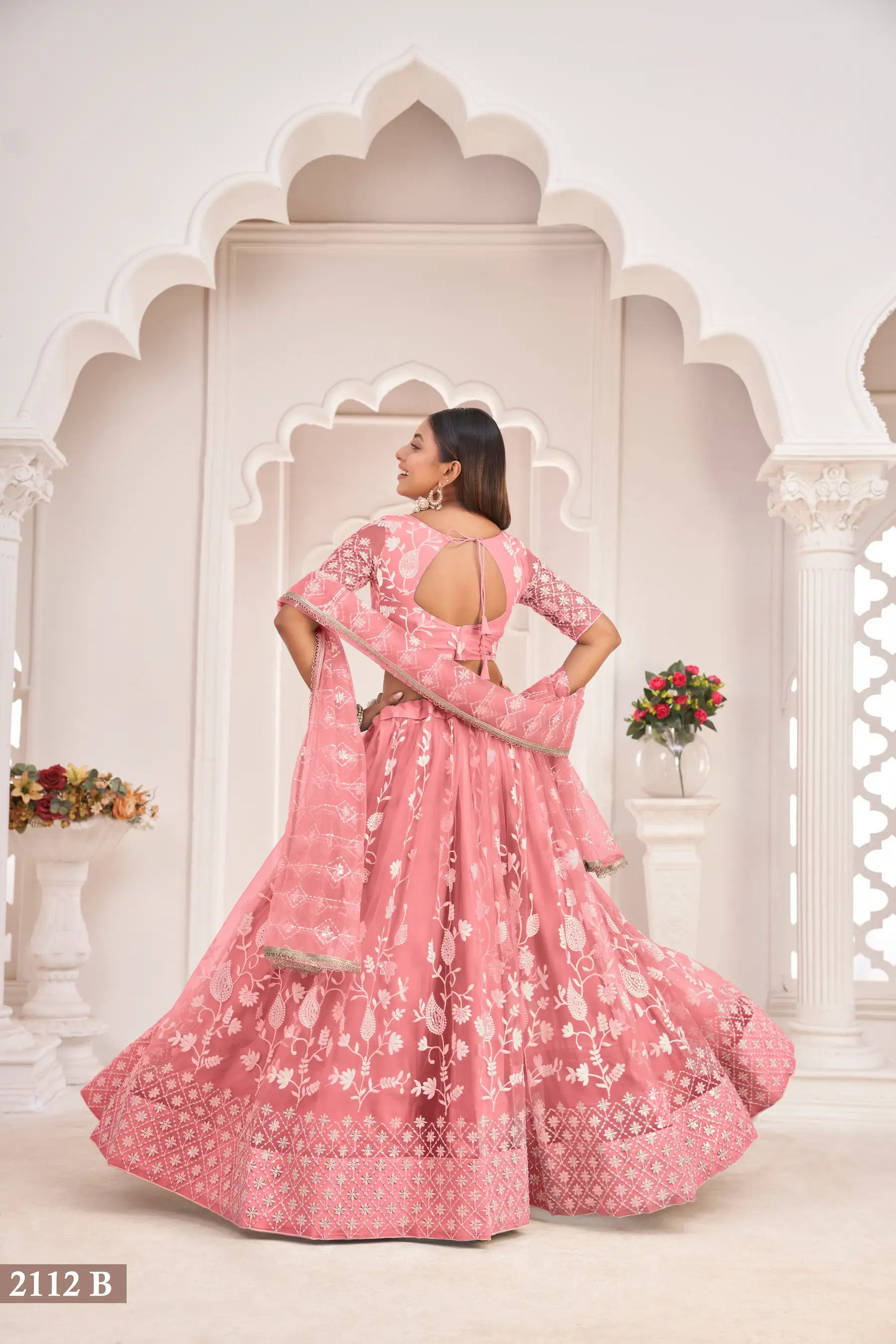 Rose Pink Net Lehenga Choli With White Cotton Thread Work, Zari Work & Sequence Work - qivii