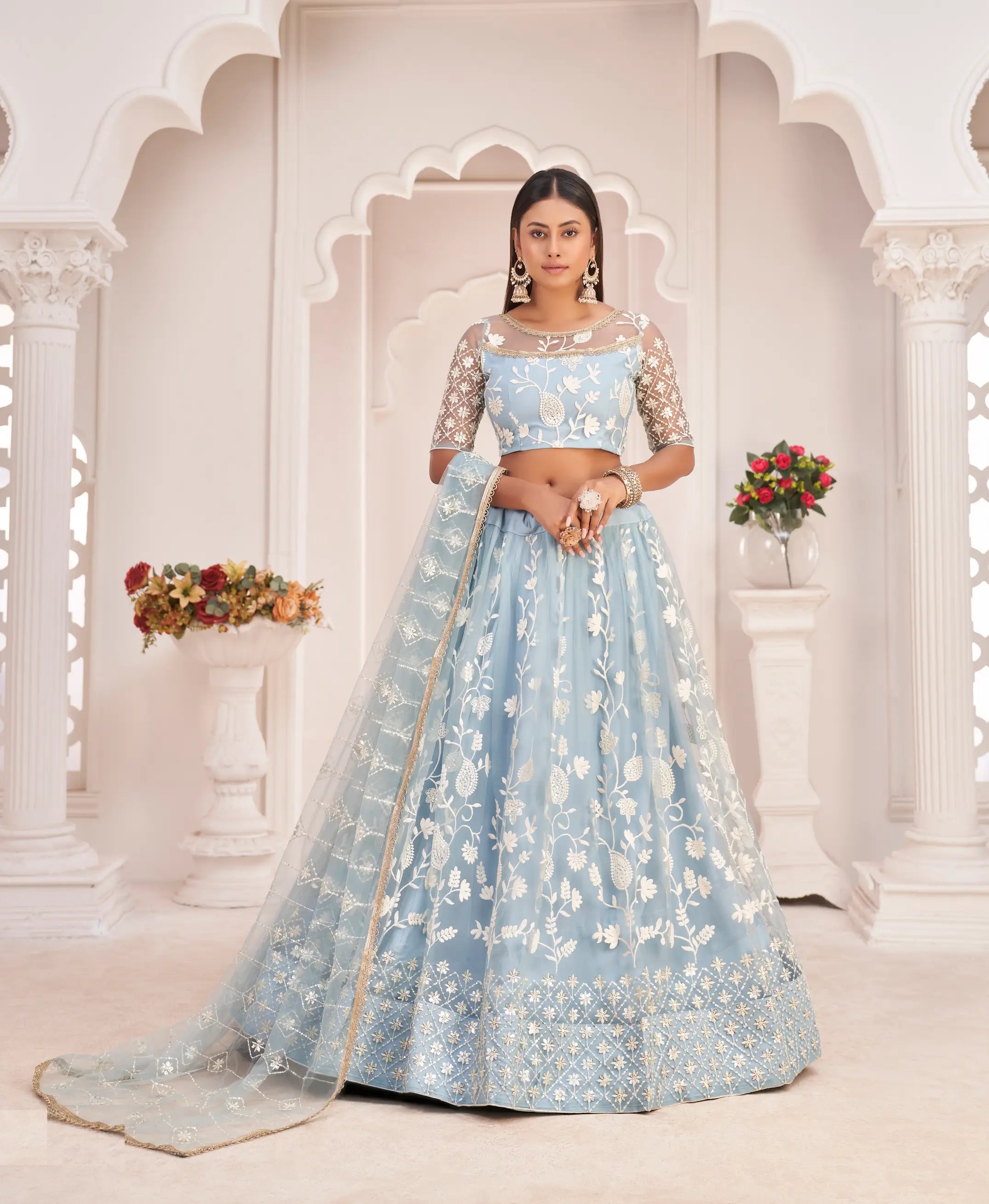 Light Sky Net Lehenga Choli With White Cotton Thread Work, Zari Work & Sequence Work - qivii