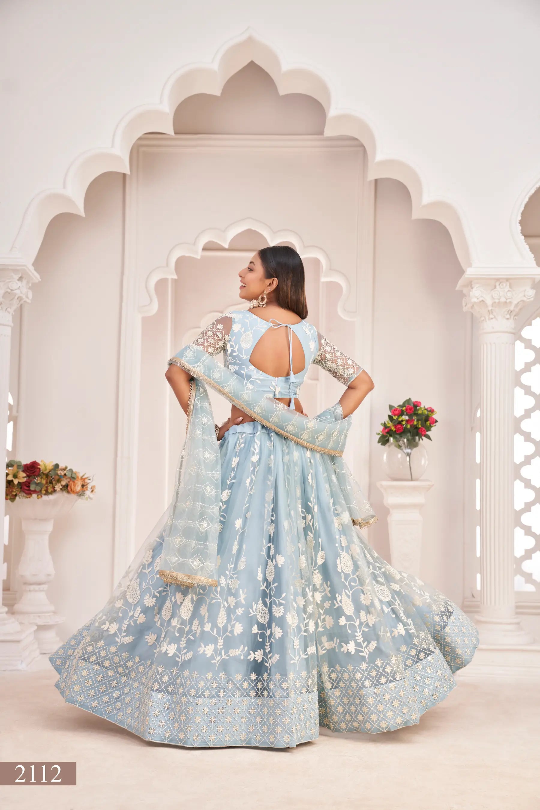 Light Sky Net Lehenga Choli With White Cotton Thread Work, Zari Work & Sequence Work - qivii