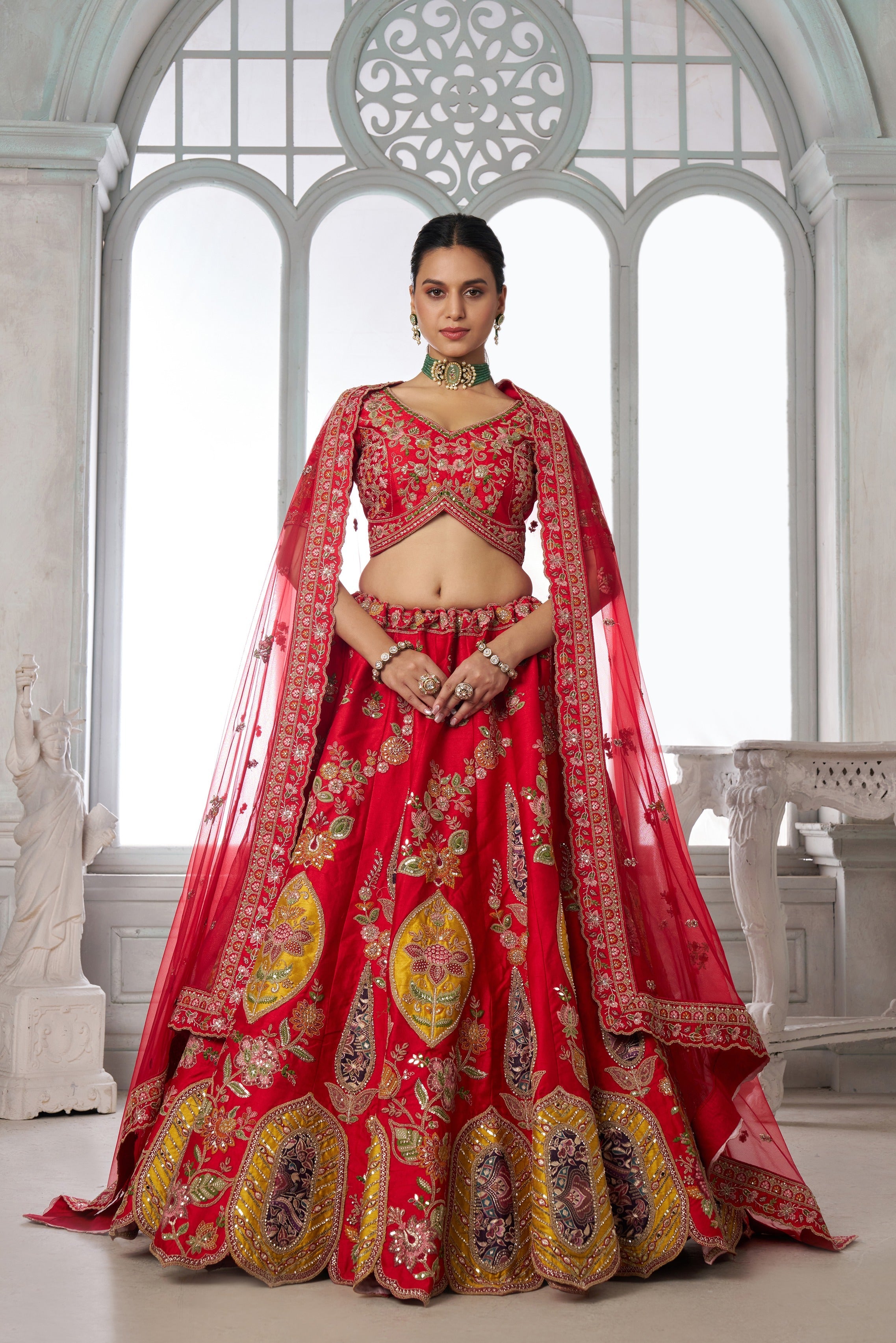 Red Heritage Multicolor Embroidered Bridal Lehenga Choli
