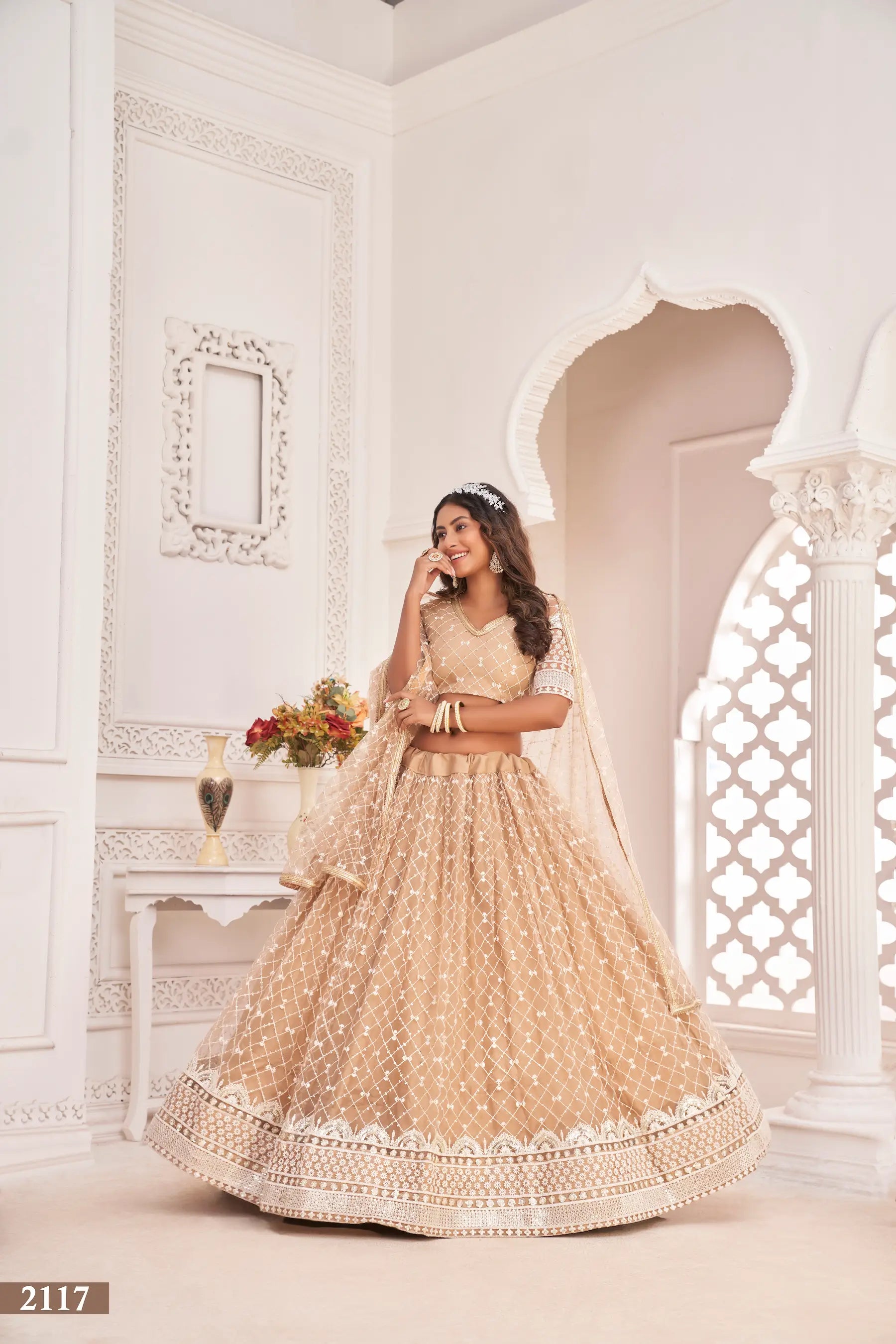 Dusty Beige Net Lehenga Choli With White Cotton Thread Work, Zari Work & Sequence Work - qivii