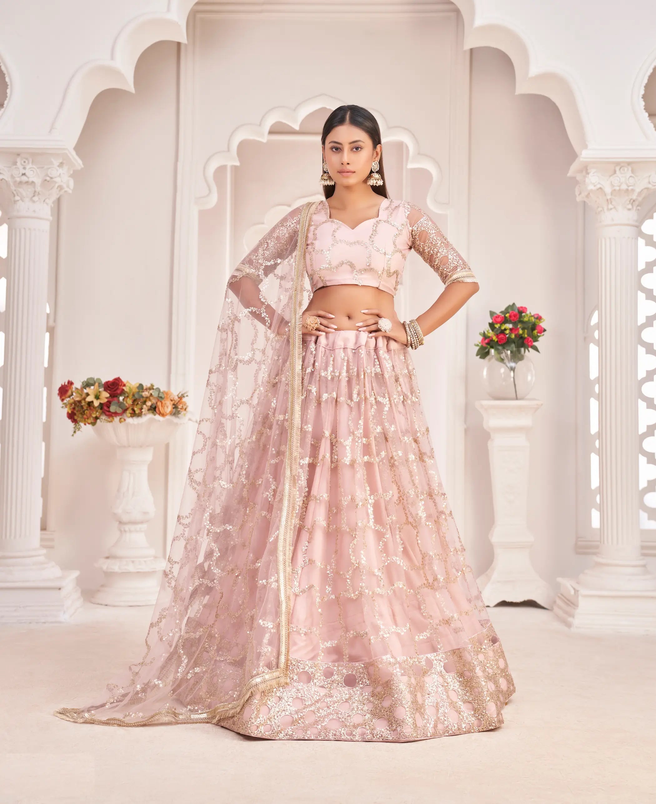 Light Onion Net Lehenga Choli With Zari Work & Sequence Embroidery Work - qivii