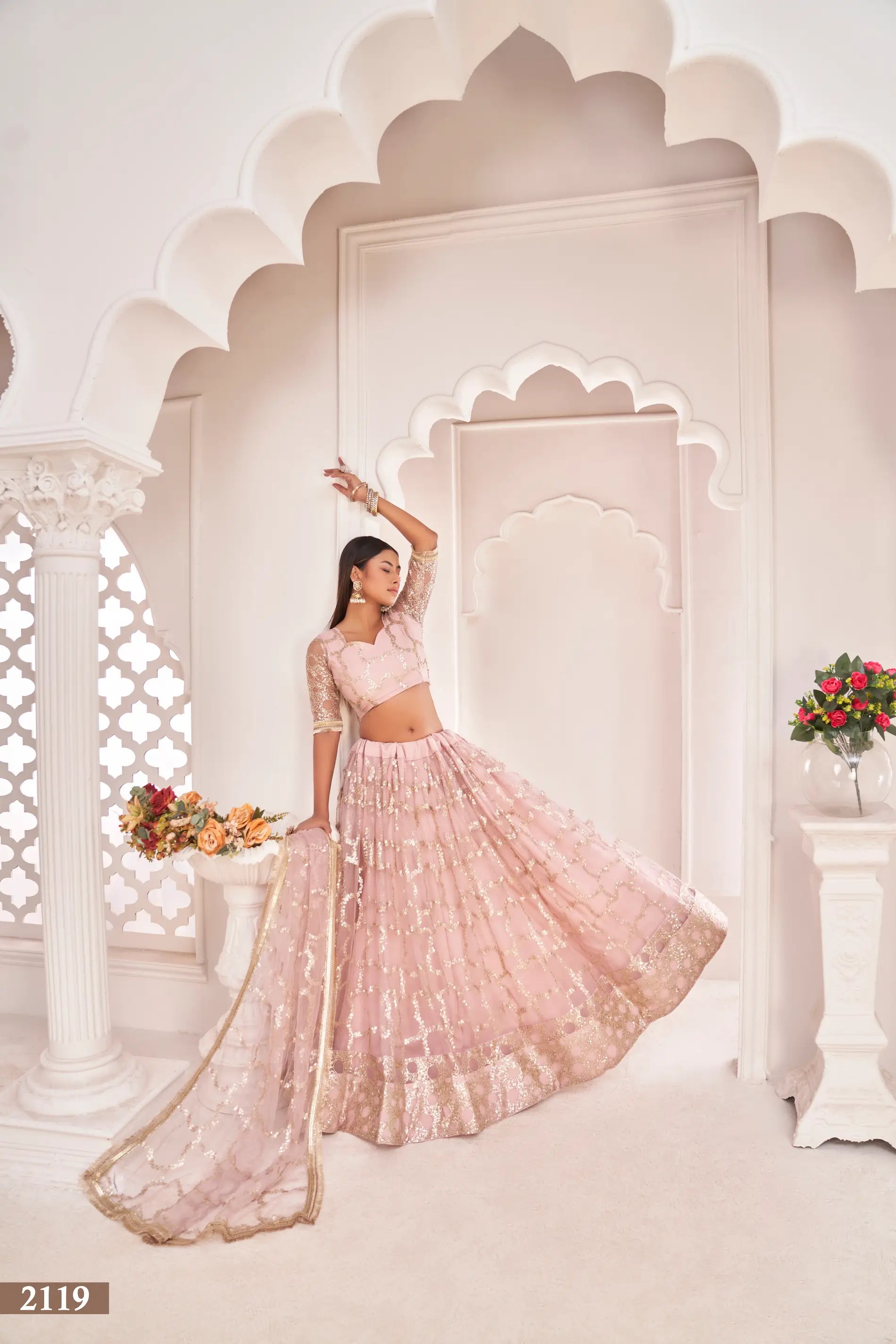 Light Onion Net Lehenga Choli With Zari Work & Sequence Embroidery Work - qivii