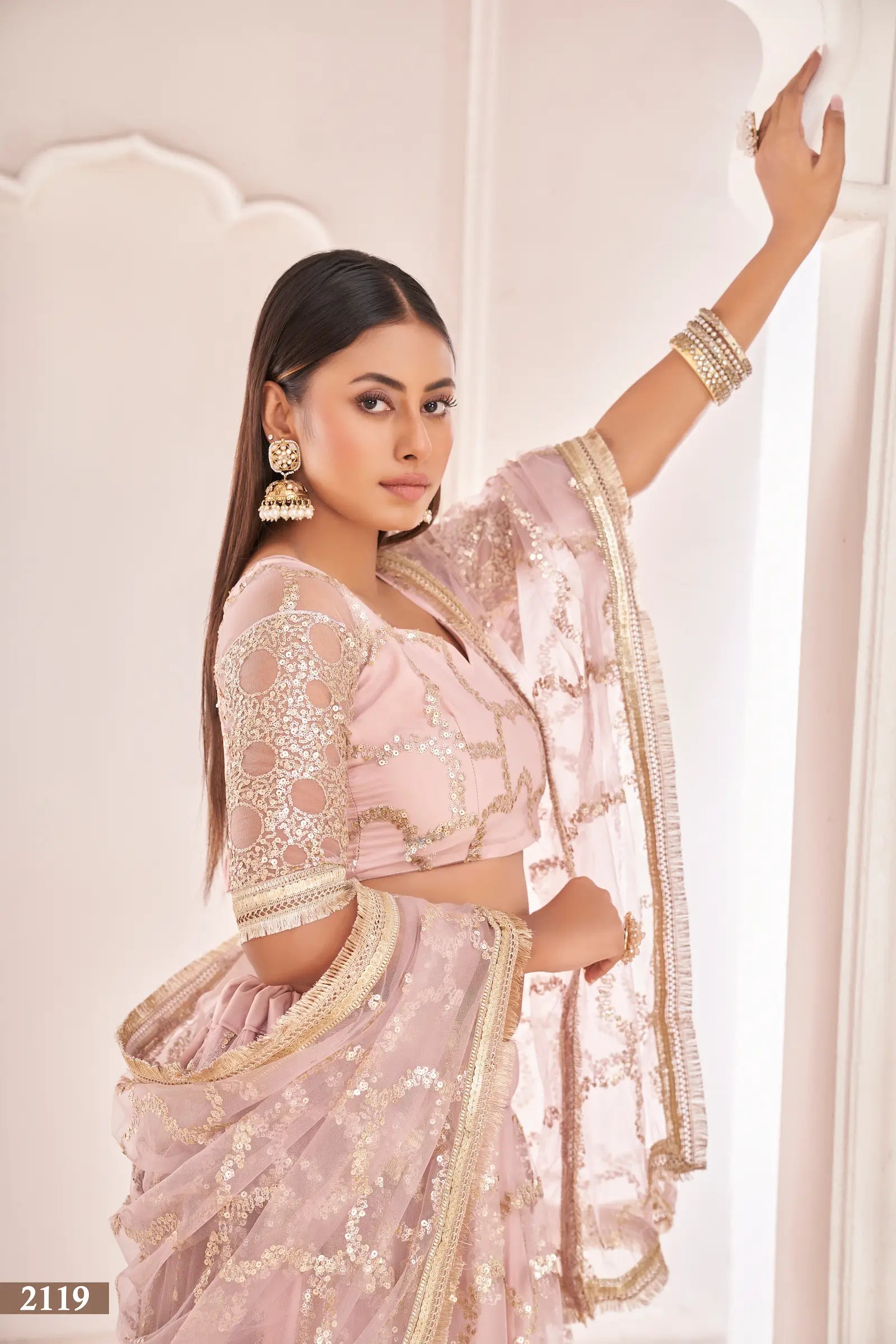 Light Onion Net Lehenga Choli With Zari Work & Sequence Embroidery Work - qivii