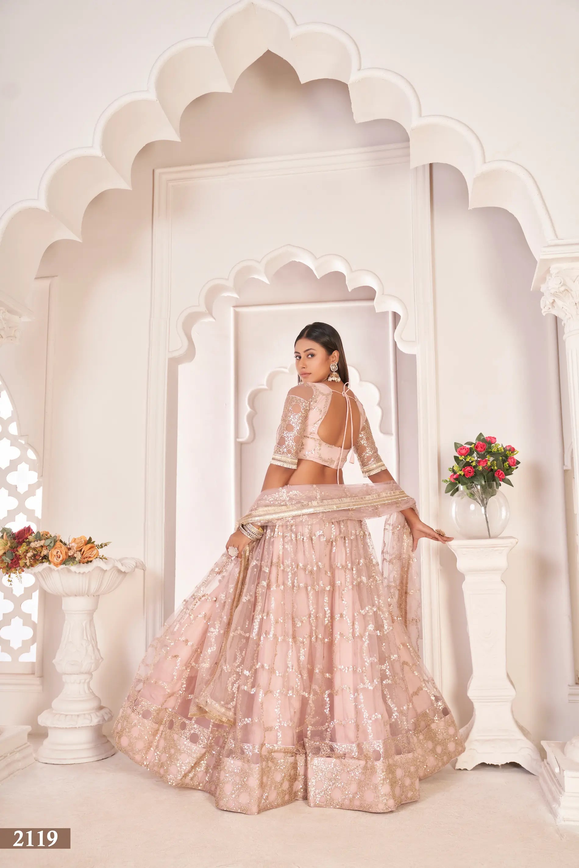 Light Onion Net Lehenga Choli With Zari Work & Sequence Embroidery Work - qivii
