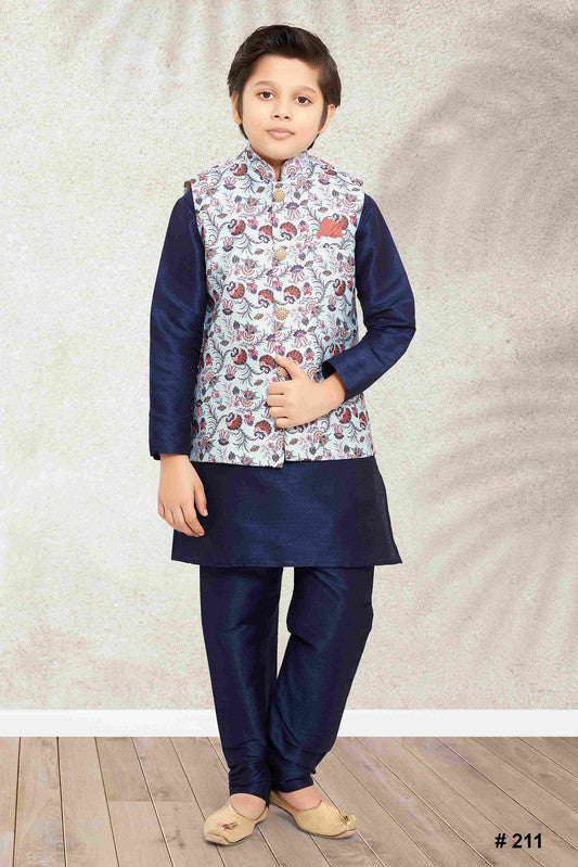 Boy's Sky Blue Banarasi Silk Digital Printed Jacket Set