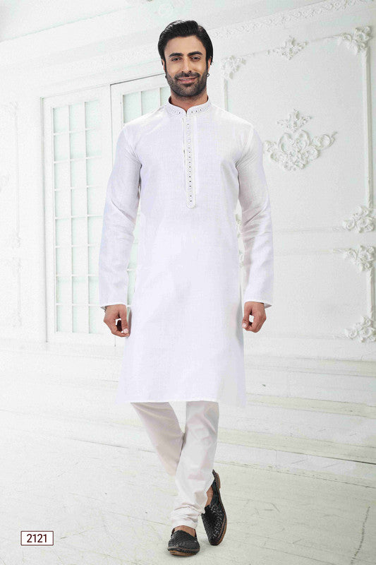 Men's Off White Linen Cotton Thread Work Collar Neck Pajama Set