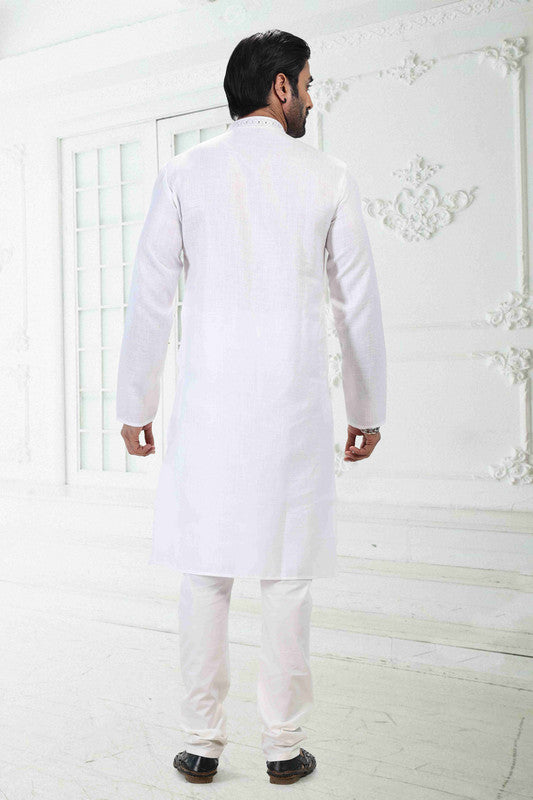 Men's Off White Linen Cotton Thread Work Collar Neck Pajama Set