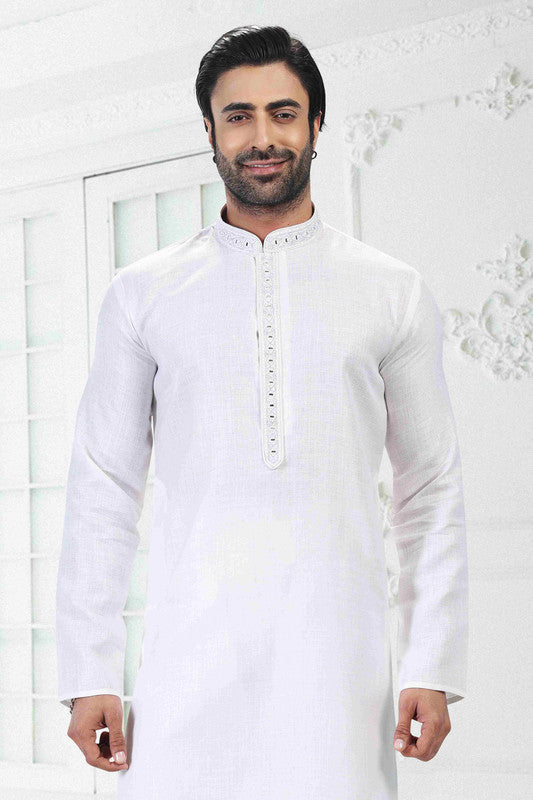 Men's Off White Linen Cotton Thread Work Collar Neck Pajama Set