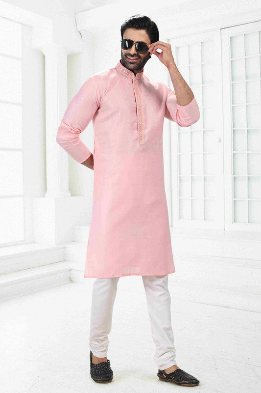 Men's Pink Linen Cotton Thread Work Collar Neck Pajama Set